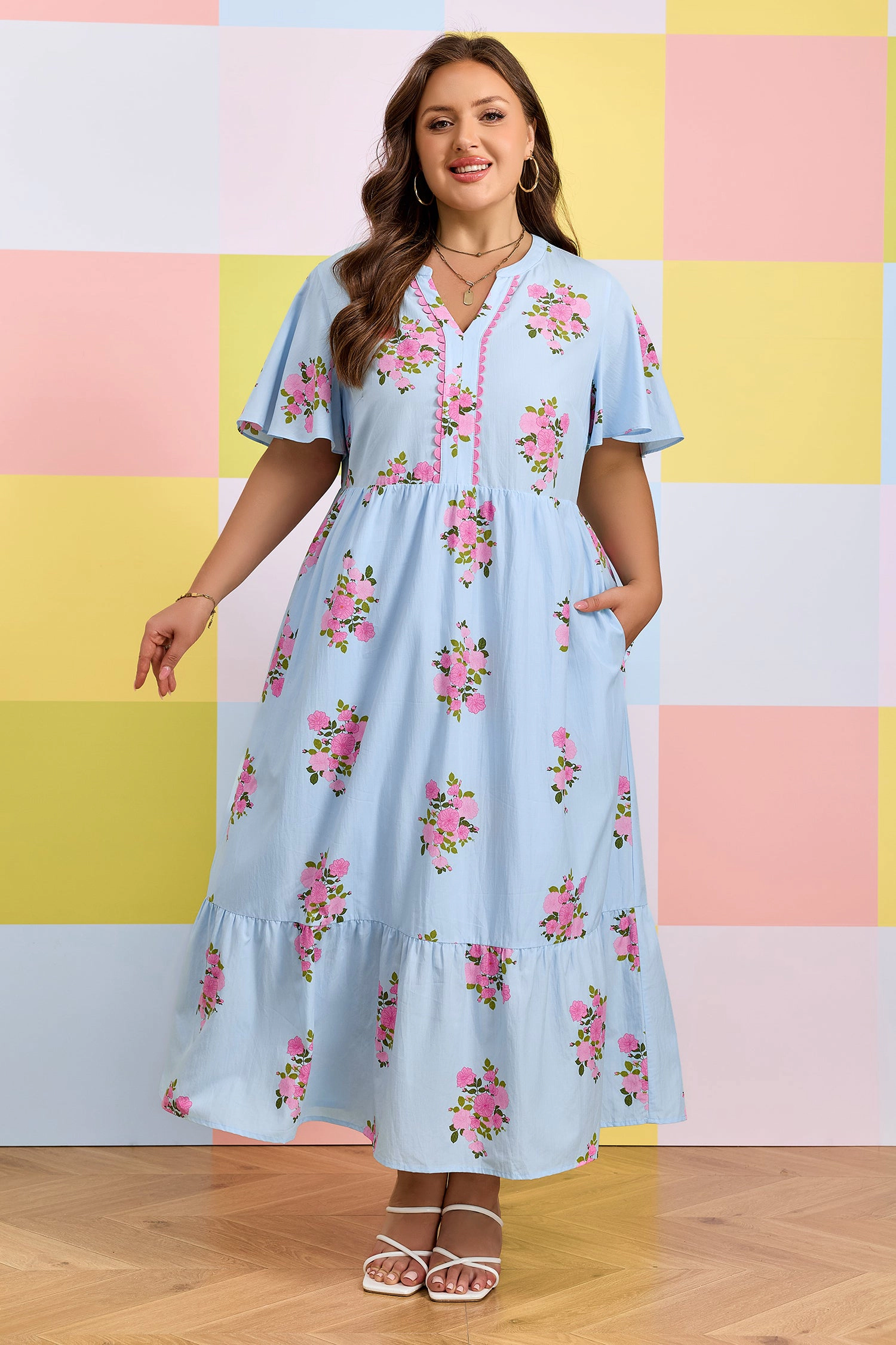 Threaded Pear Women's Lucy Print Scalloped Trim PLUS Dress