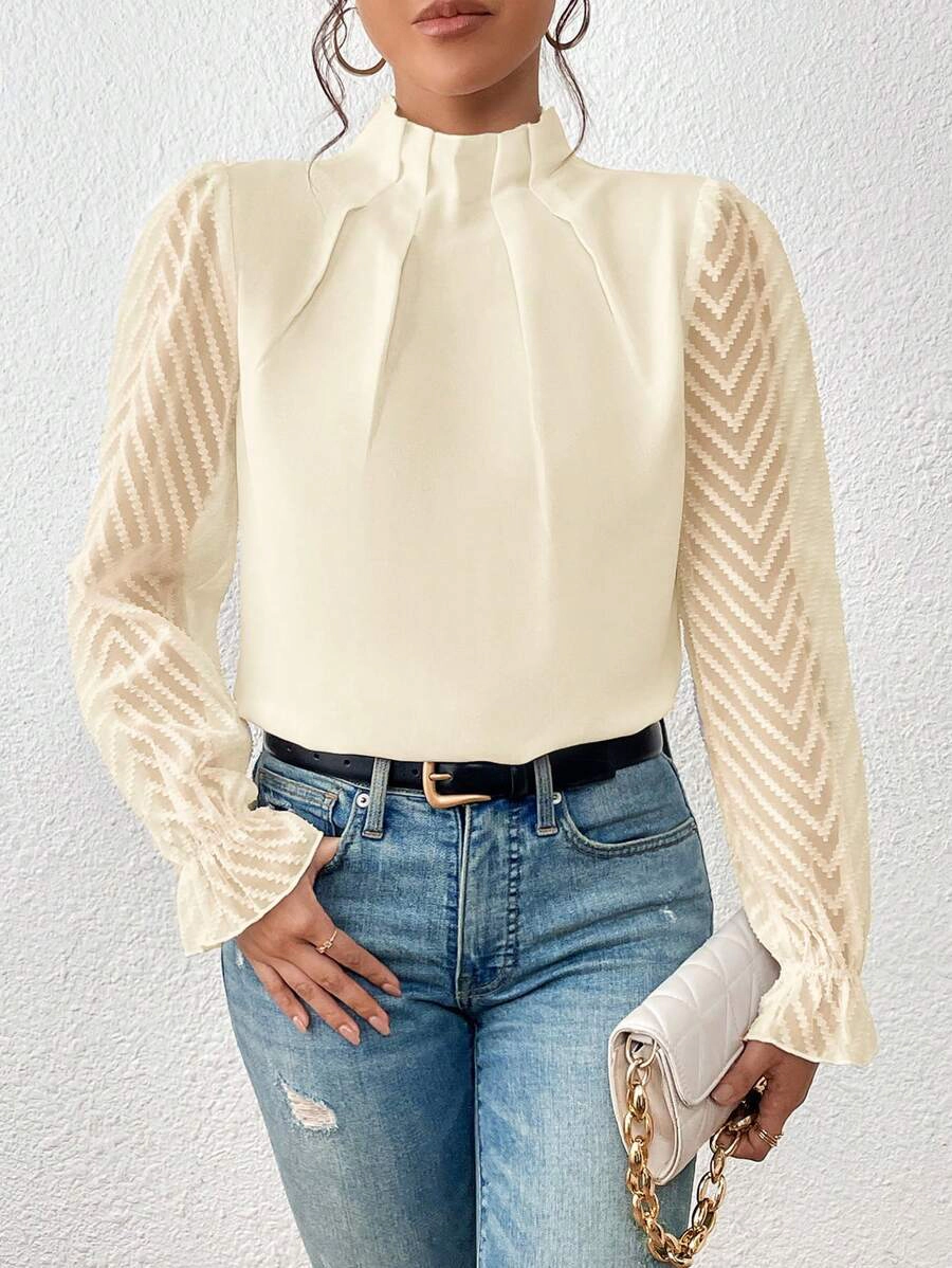 KOJOOIN Women’s Chiffon Shirt Mock Neck Office Dressy Blouses for Work Professional Long Sleeve Top