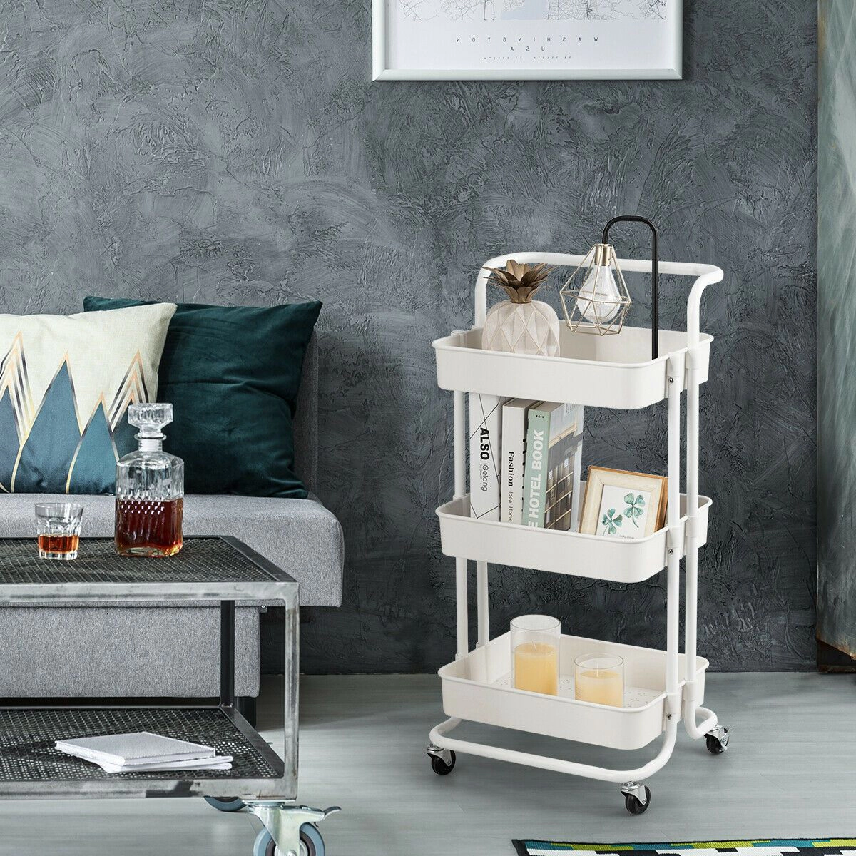 SlickBlue 3-Tier Metal Storage Cart with Locking Caster Wheels