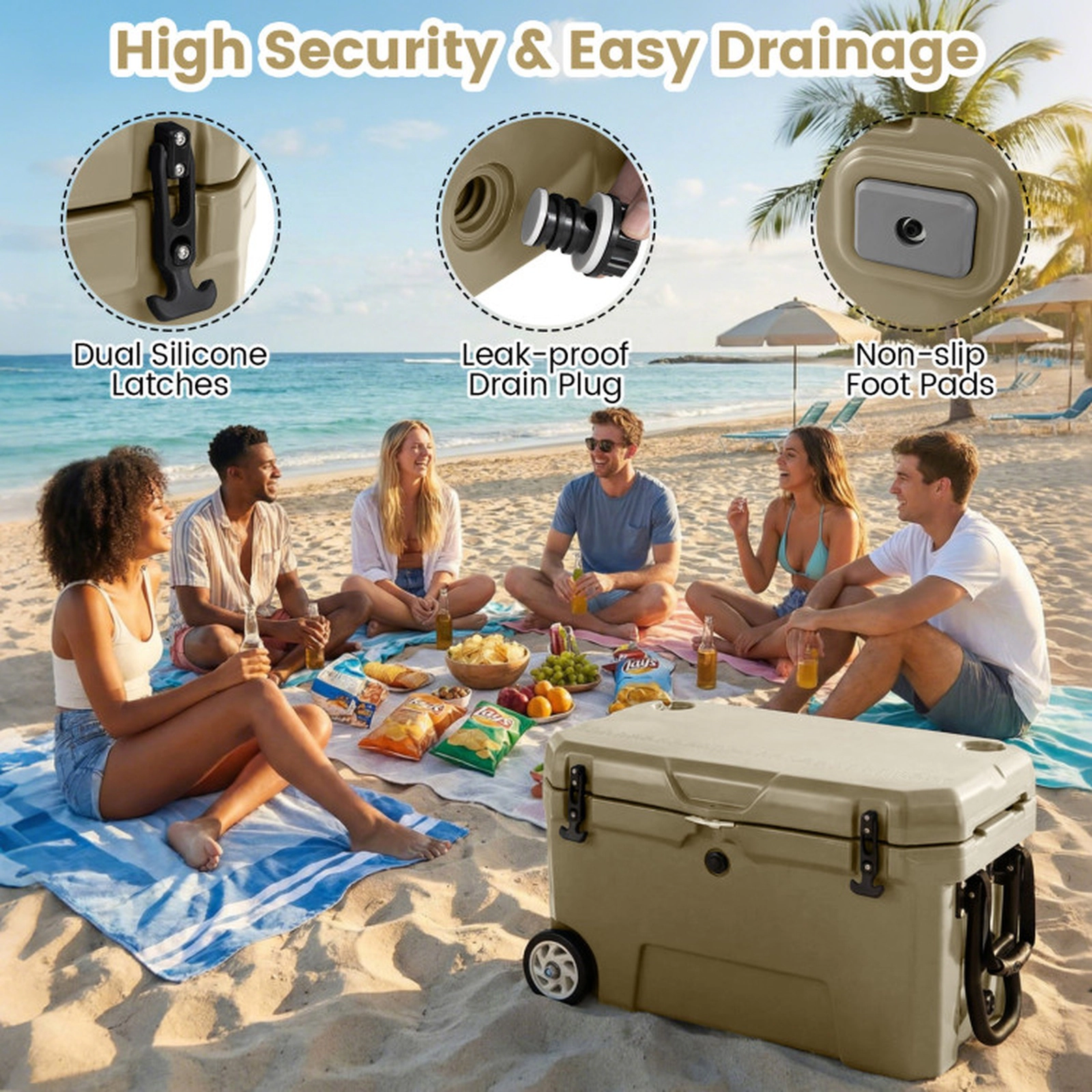 SUGIFT 52-qt Khaki Portable Hard Cooler Ice Chest with Wheels 6-Day Ice Retention and Built-In Ruler