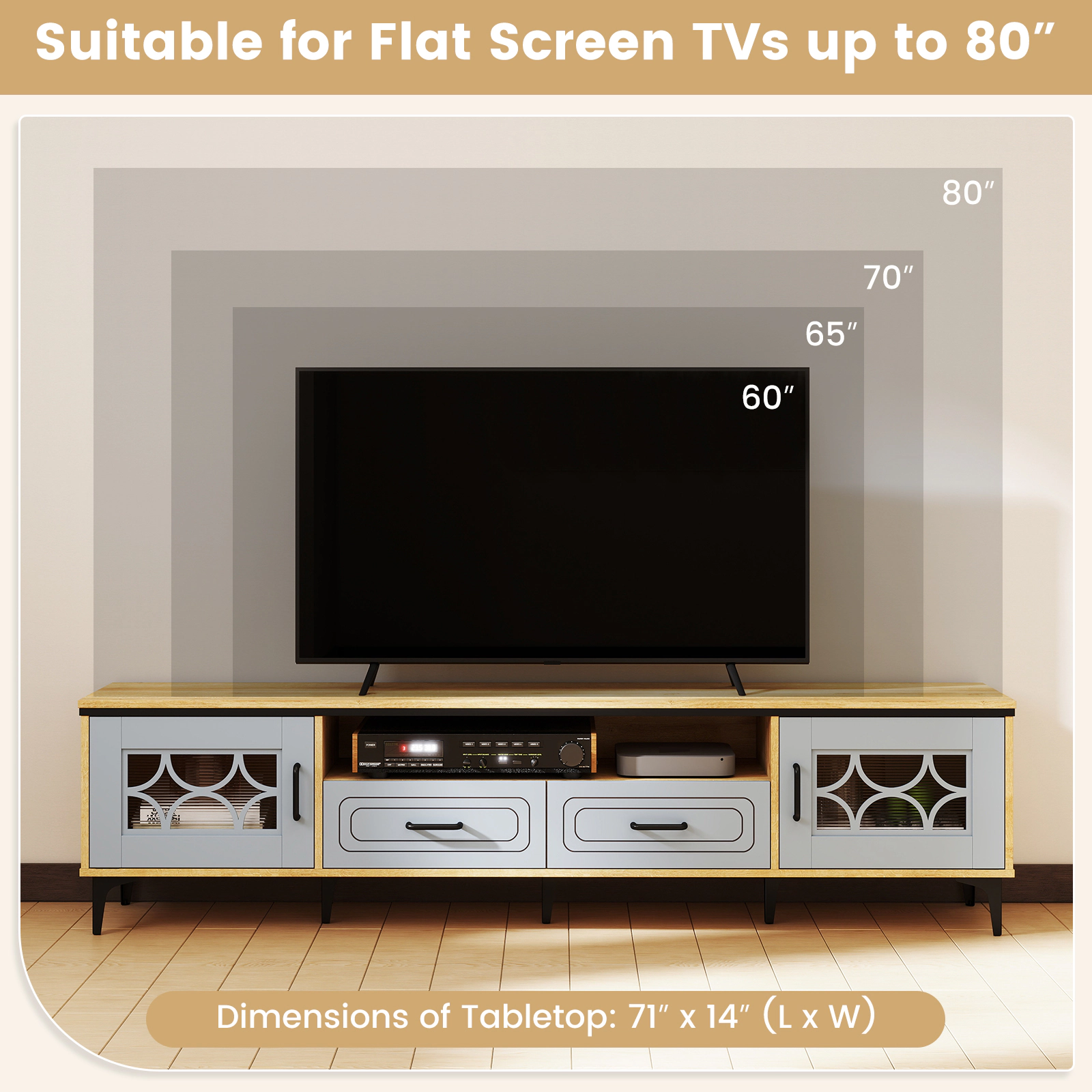 SUGIFT Farmhouse TV Stand for TVs up to 80 Inch with 2 Drawers and Cabinets 110-lb Tabletop Capacity Oak and Gray