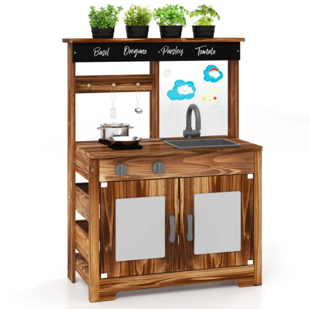 Hivvago Mud Kitchen Fir Wood Play Kitchen with 4 Panting Pots Faucet Removable Sink-Natural