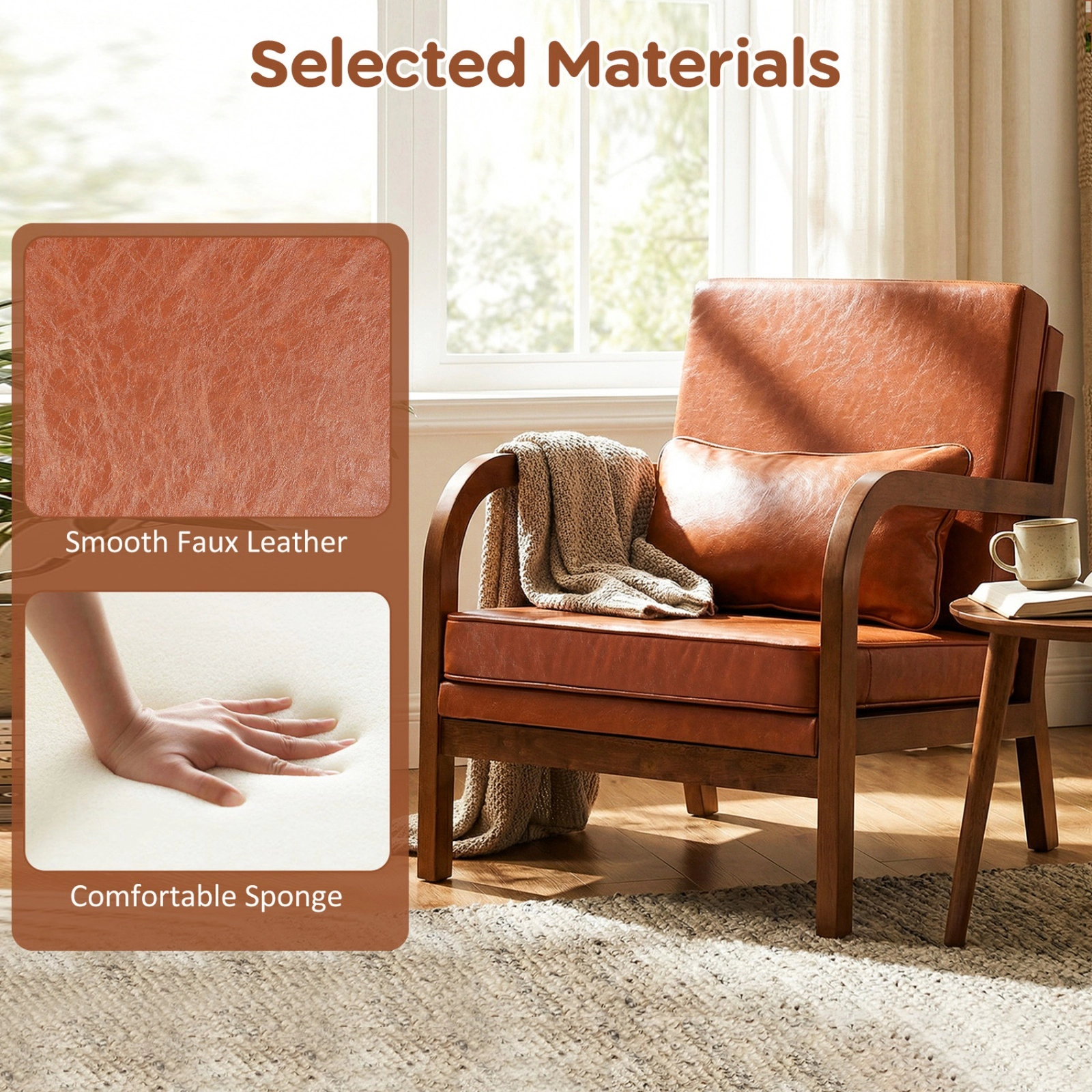 Modern Accent Chair Faux Leather and Linen Upholstered Armchair with Removable Lumbar Pillow Rubber Wood Frame Brown