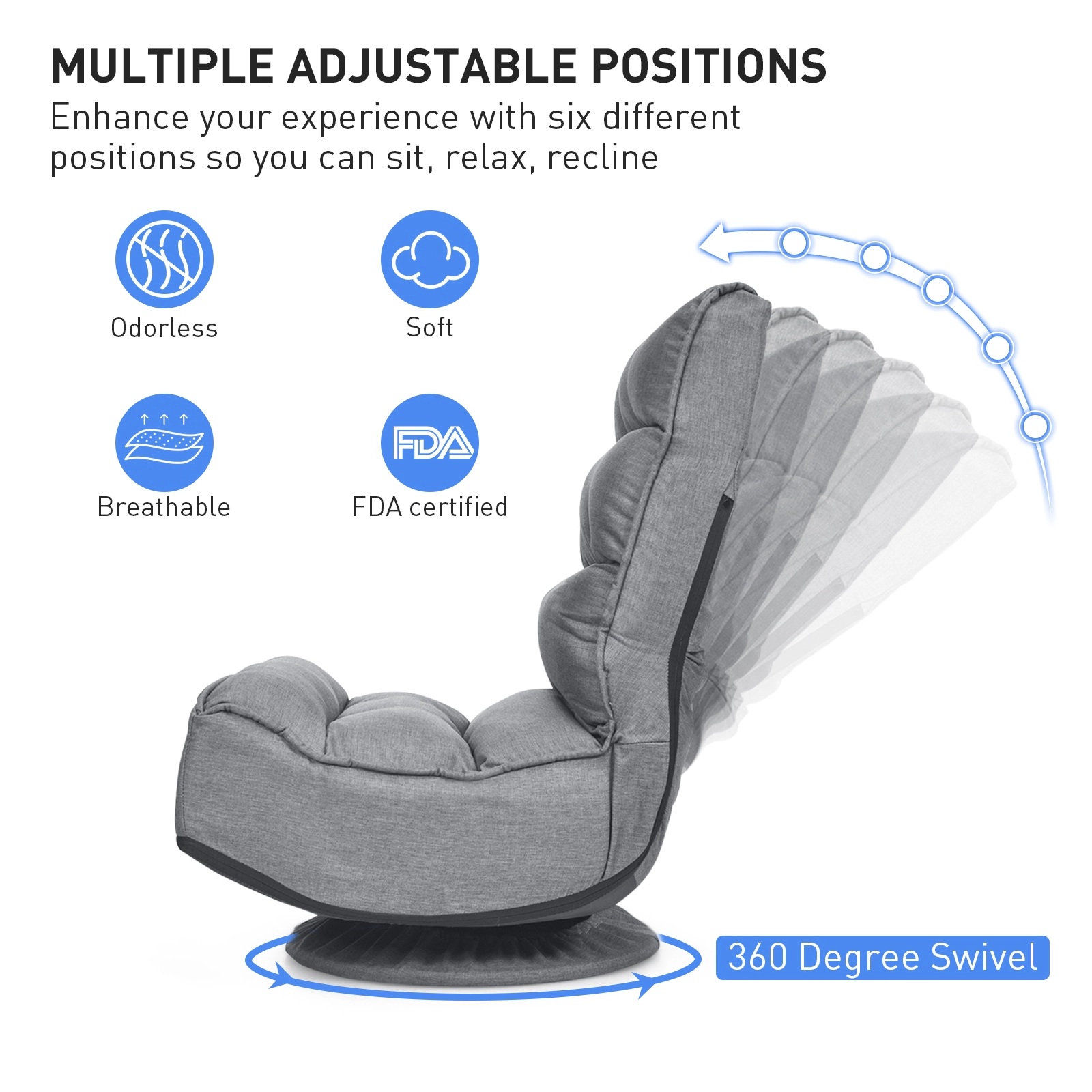SUGIFT 5-Position Folding Floor Gaming Chair with 360-Degree Swivel Base 300-Lb Capacity Gray