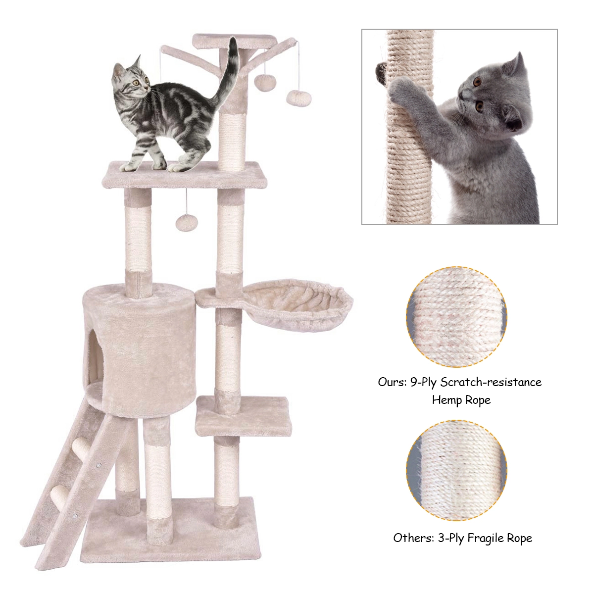 Glintex 56-Inch Cat Tree with Condo Ladder and Natural Sisal Scratching Posts, Beige