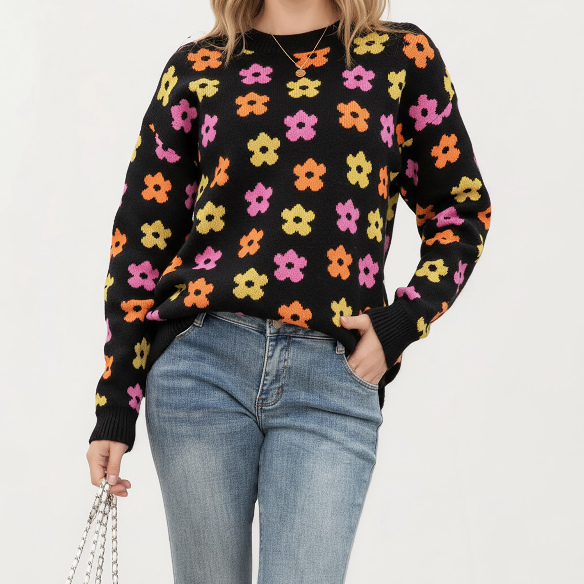Anna-Kaci Women's Flower Pattern Knit Sweater with Long Sleeves, Soft Textured Feel and Comfortable Relaxed Everyday Fit