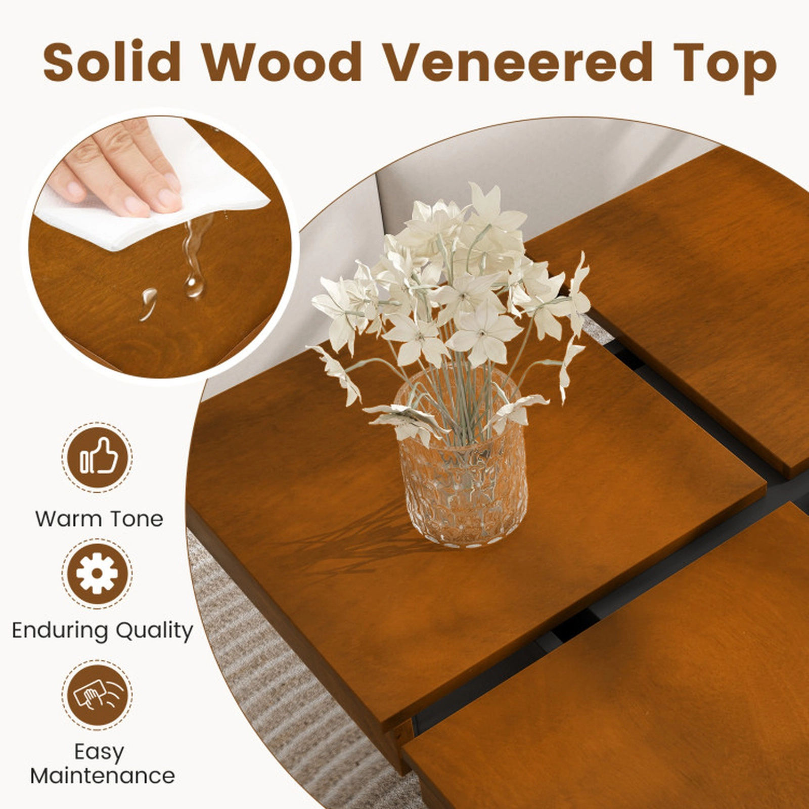 SUGIFT 31.5-in 176-lb Capacity Walnut Square Mid Century Modern Coffee Table with Floating Quad-Section Top