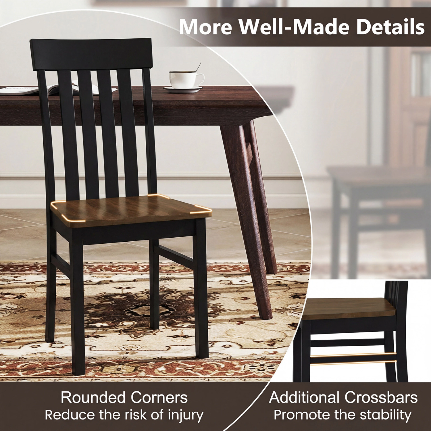 LJG Set of 2 Kitchen Armless Dining Chairs with Slatted High Backrests