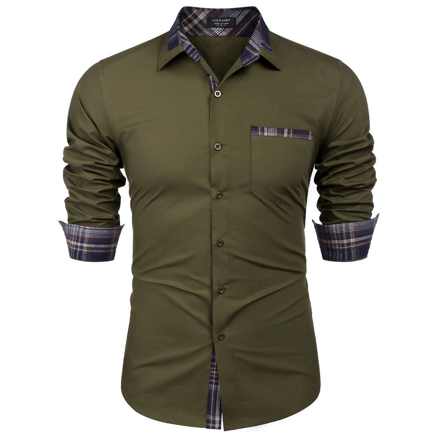 COOFANDY Mens Contrast Plaid Long Sleeve Button Down Shirt Lapel Collar Casual Tops