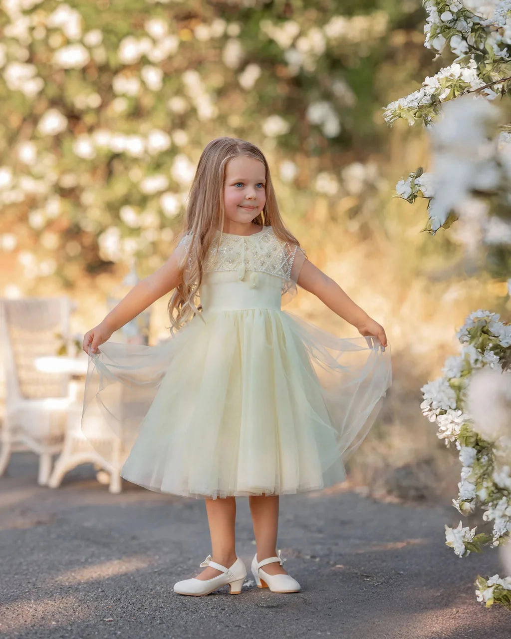 Faeella Buttercream Belle Pearl Capelet Flower Girl Dress