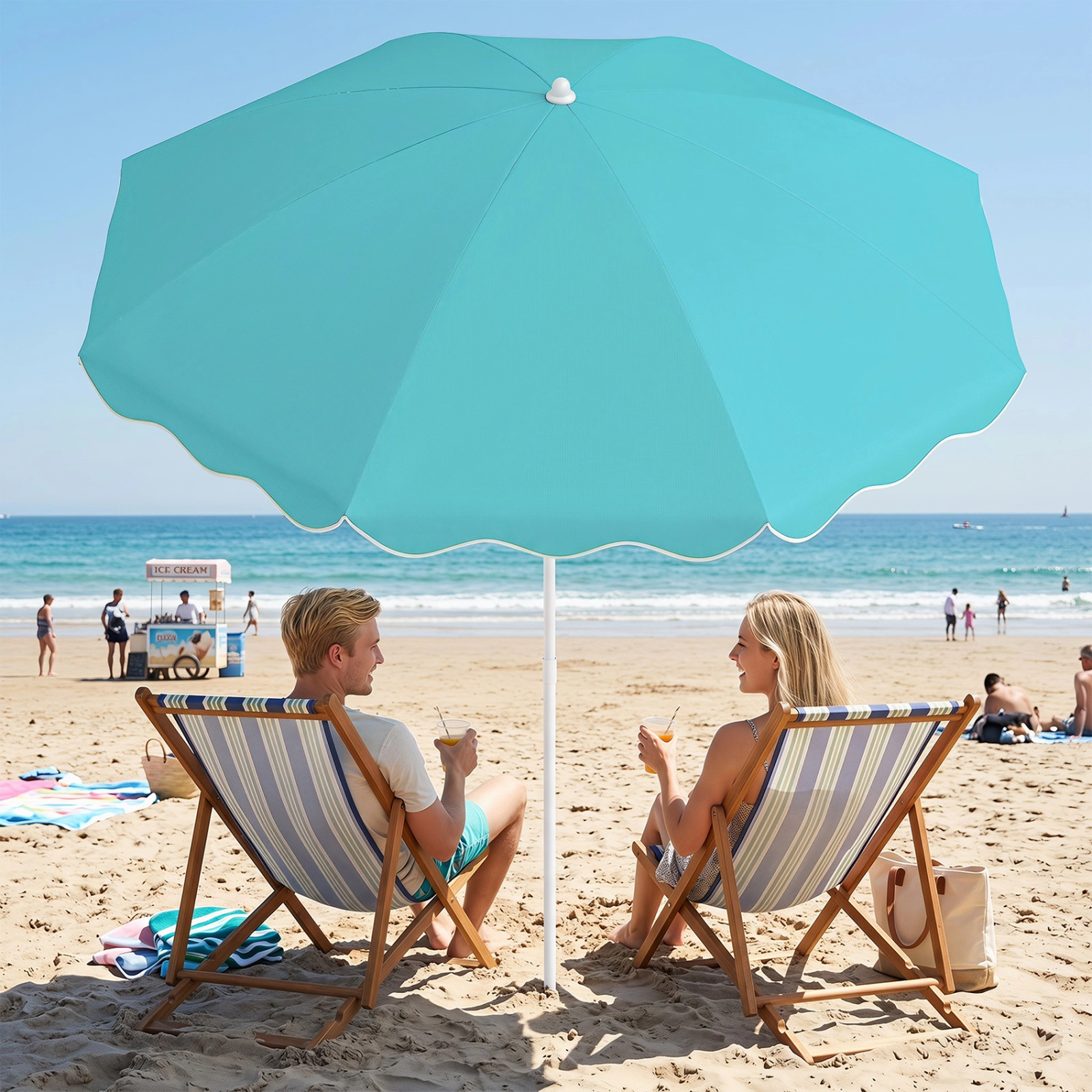 SUGIFT UPF 50+ Beach Umbrella with Sand Anchor and Tilt 6.5-ft Canopy with Cup Holders Turquoise Stripe