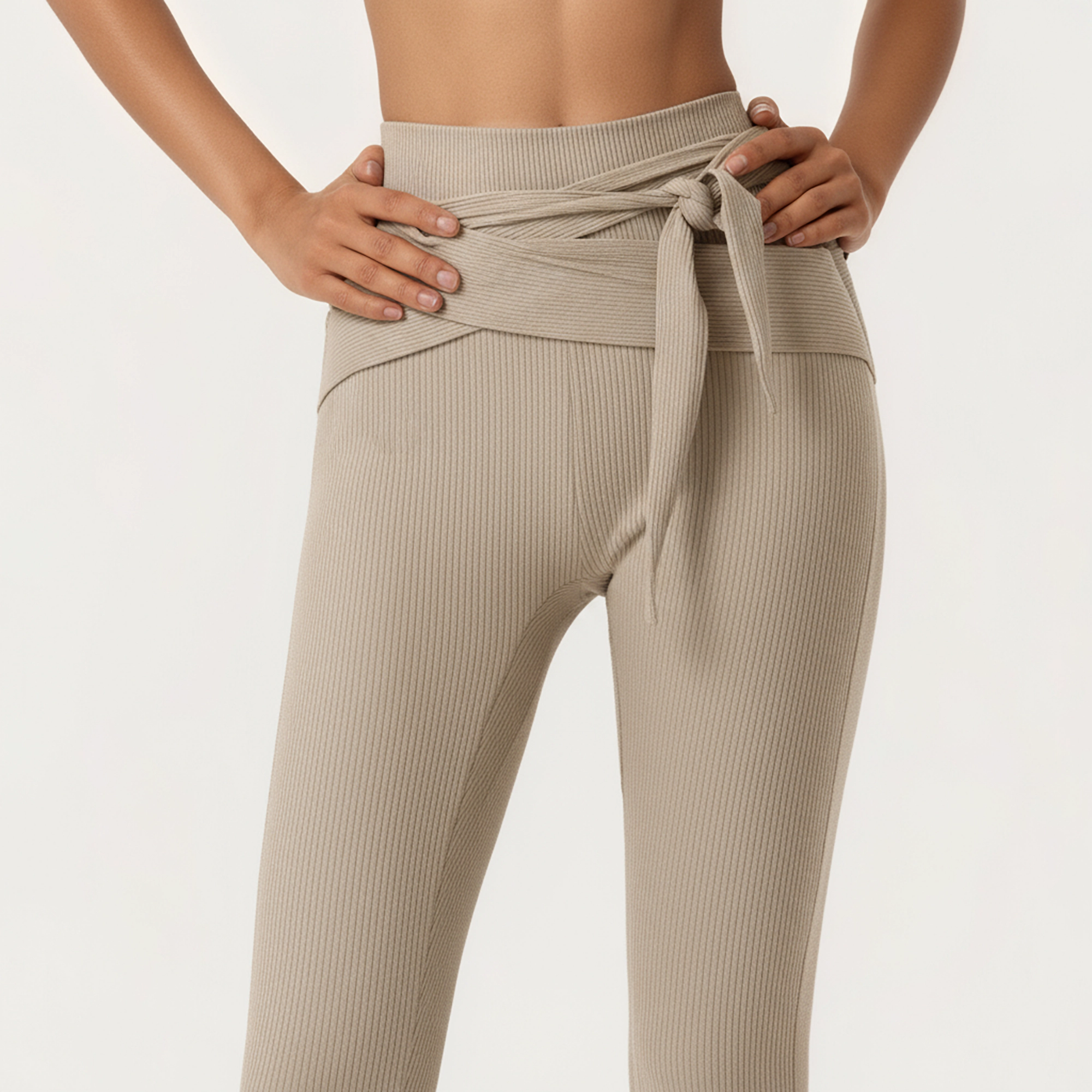 Anna-Kaci Active Women's Ribbed Knit High Waist Leggings with Wrap Tie Waistband and Contrast Cuffed Hem