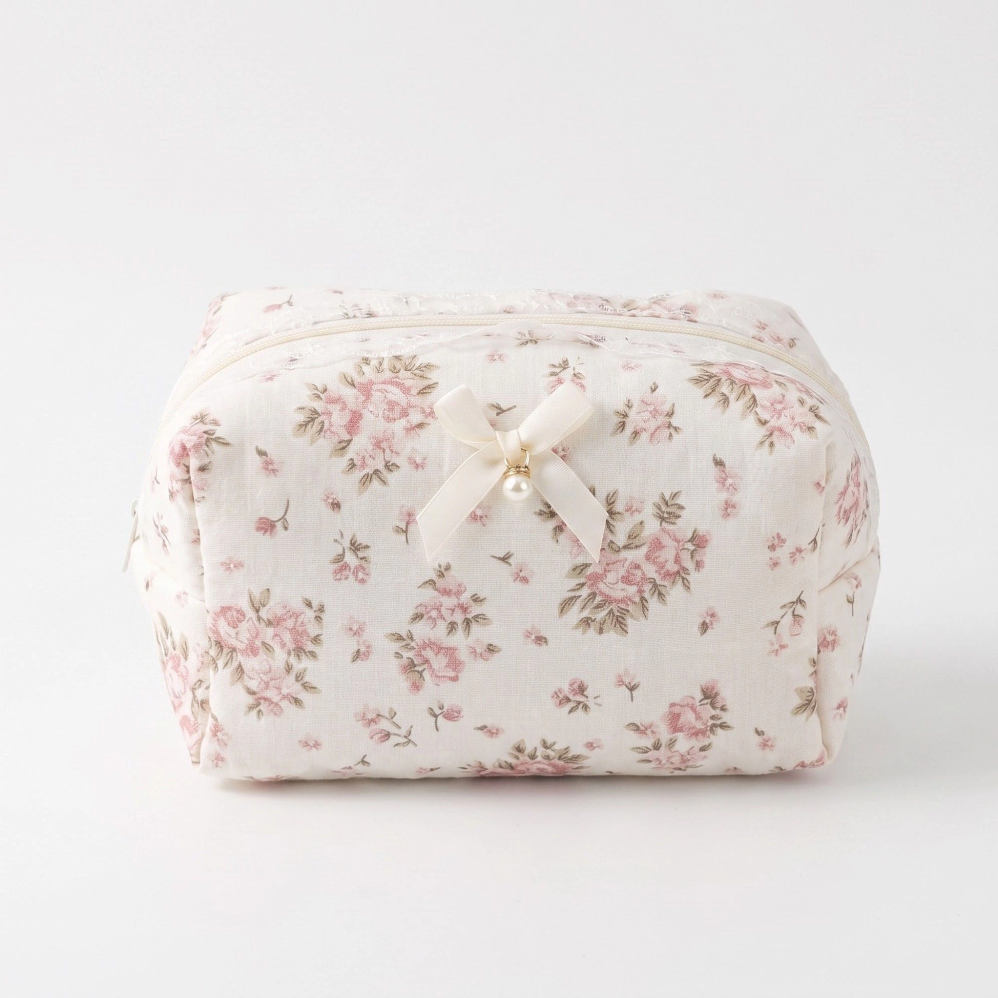 Alilang Unisex Floral Makeup Bag with Bow Pearl Charm and Zipper Closure