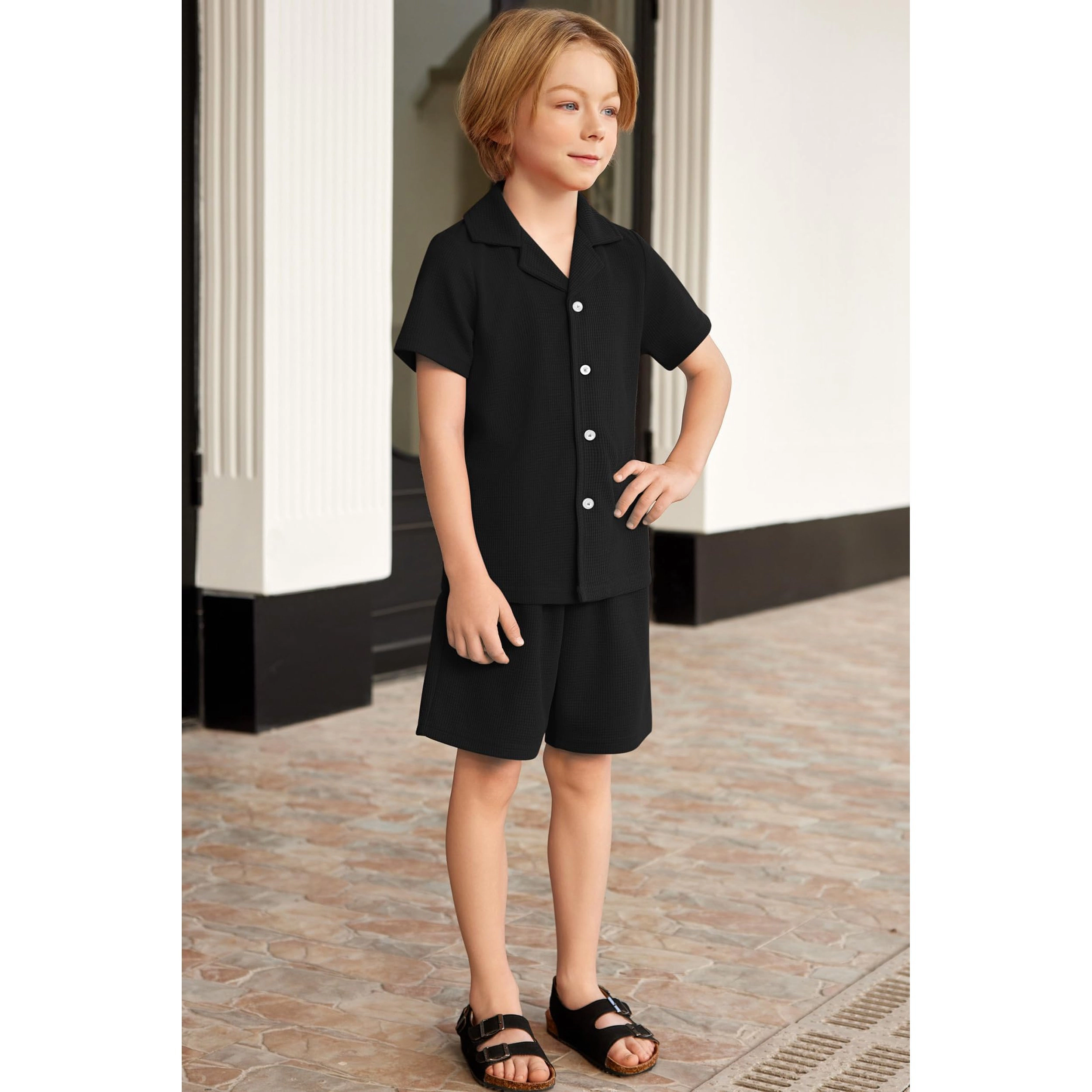 Arshiner Toddler Boys 2 Piece Waffle Knit Set Short Sleeve Button Down Shirt & Shorts