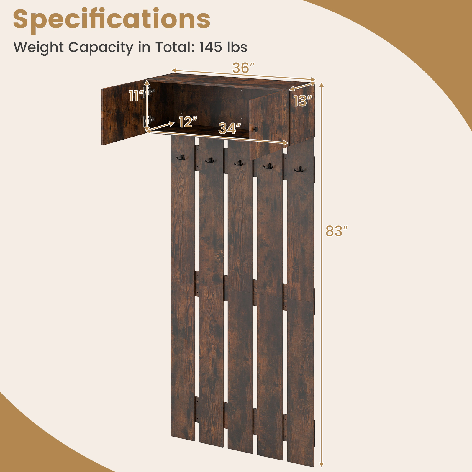 SUGIFT Entryway Wall Mounted Coat Rack with Upper Cabinet and 5 Metal Hooks
