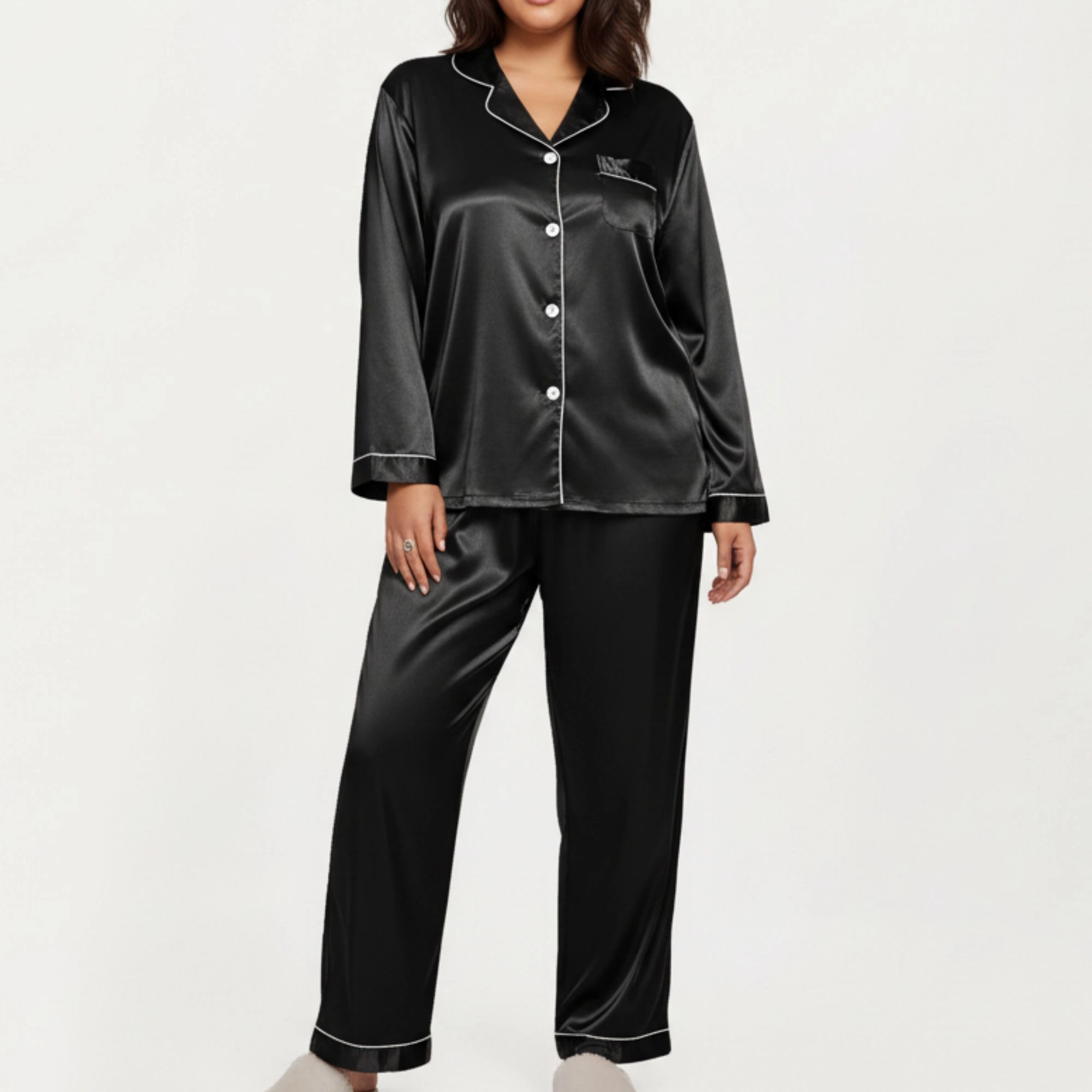 Anna-Kaci Women's Plus 2-Piece Satin Button Up Pajama Top and Relaxed Fit Pants with Contrast Piping Trim