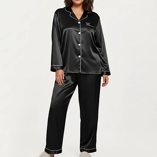 Anna-Kaci Women's Plus Size 2-Piece Satin Button Up Pajama Top and Relaxed Fit Pants with Contrast Piping Trim