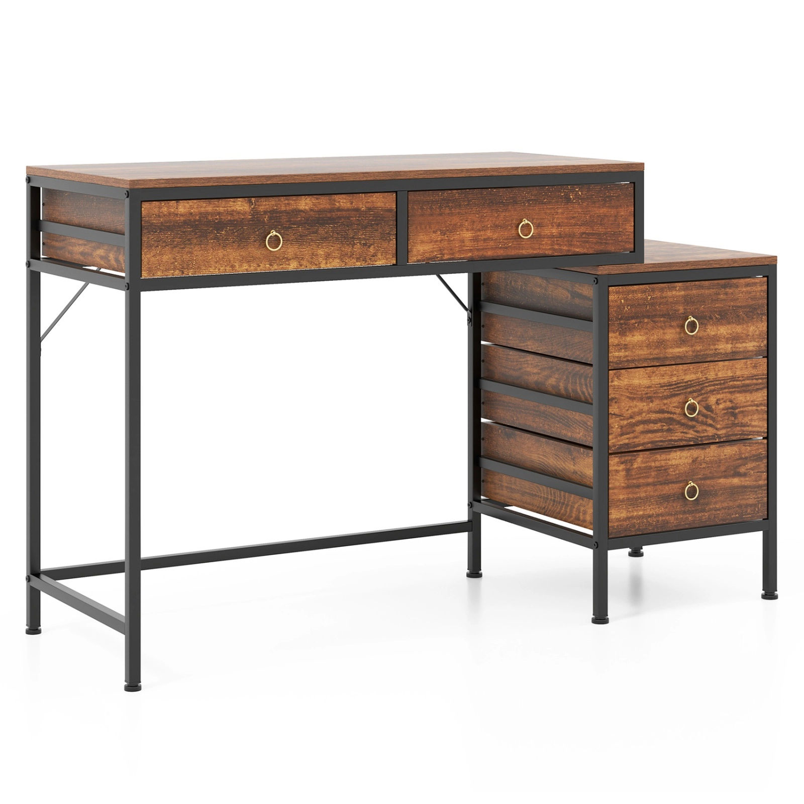 SUGIFT 51-in Computer Desk with 5 Drawers and Side File Cabinet 380-lb Capacity Rustic Brown & Black Home Office Desk