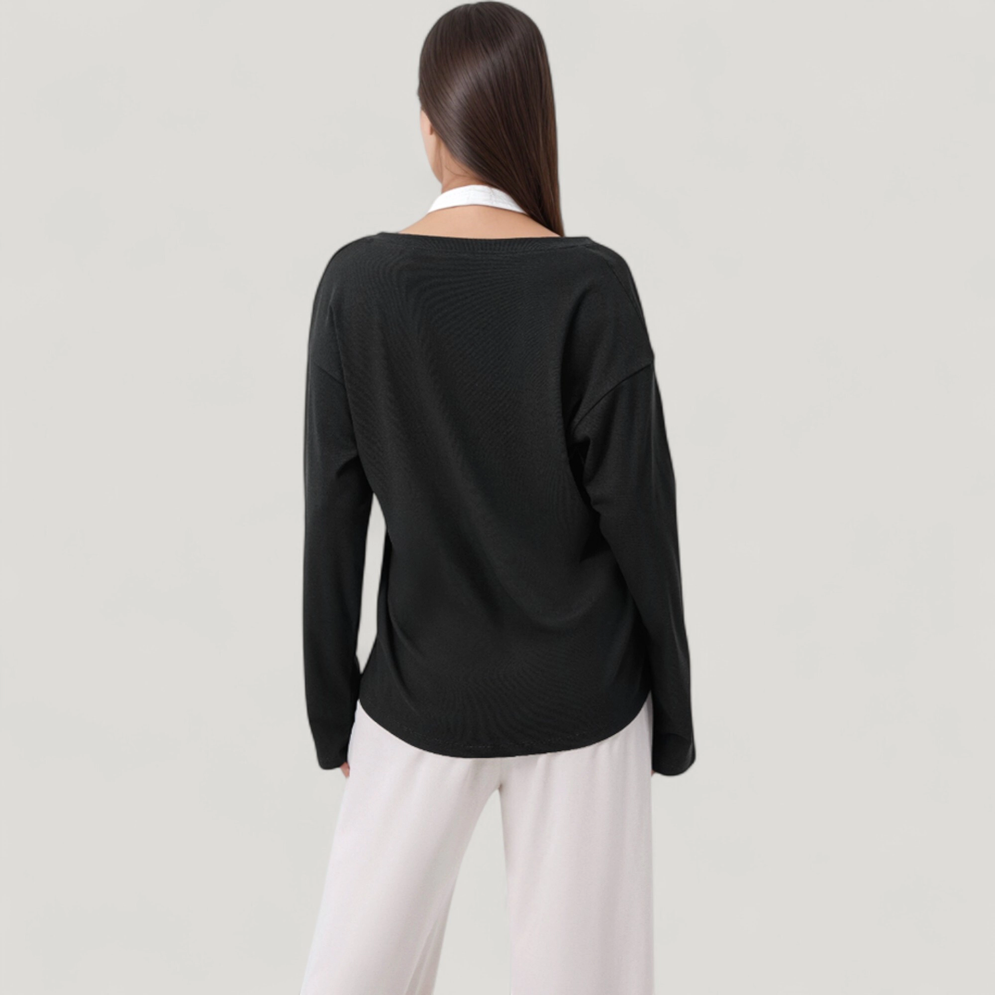 Anna-Kaci Women's Long Sleeve V-Neck Pullover Top with Relaxed Fit and Drop Shoulder Design