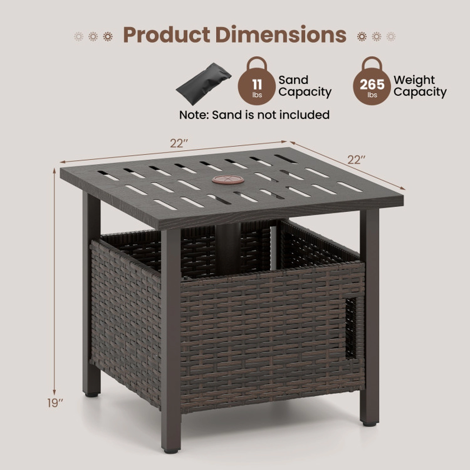SUGIFT 22 in Outdoor Side Table Brown PE Wicker with 1.93 in Umbrella Hole