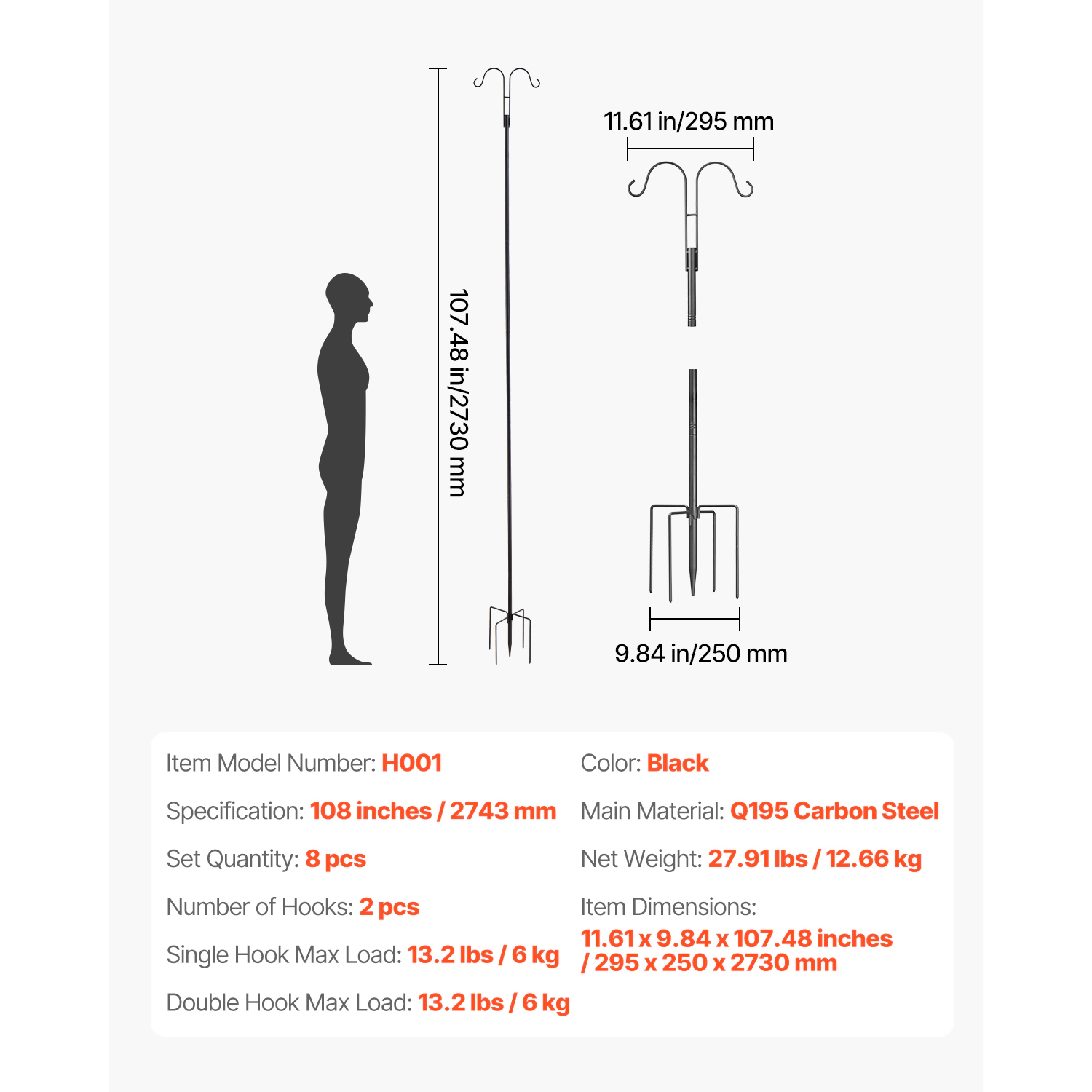 HONGGE Double Shepherds Hooks for Outdoor 8 Pack Heavy Duty Bird Feeder Pole 3/4 Inch Thick Garden Hooks for Hanging