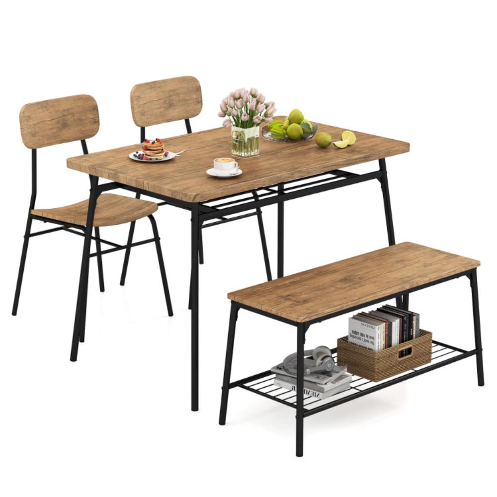 Hivvago 4 Piece Dining Table Set For 4 Metal Frame With Bench And 2 Chairs-Brown