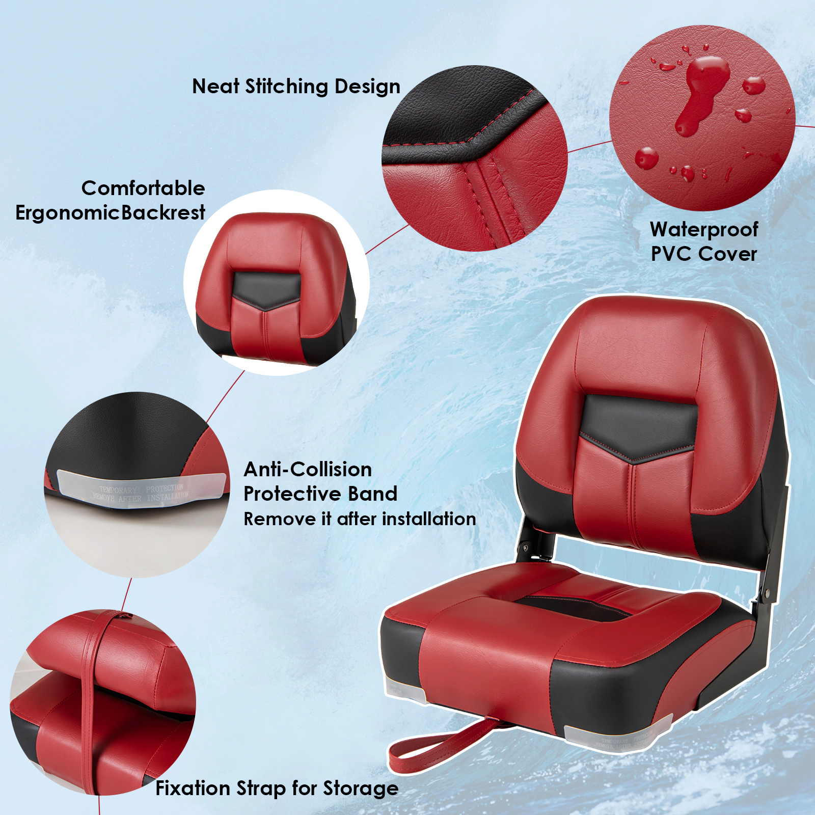 SUGIFT Set of 2 Red and Black Low-Back Folding Boat Seats, 250 lb Capacity Each