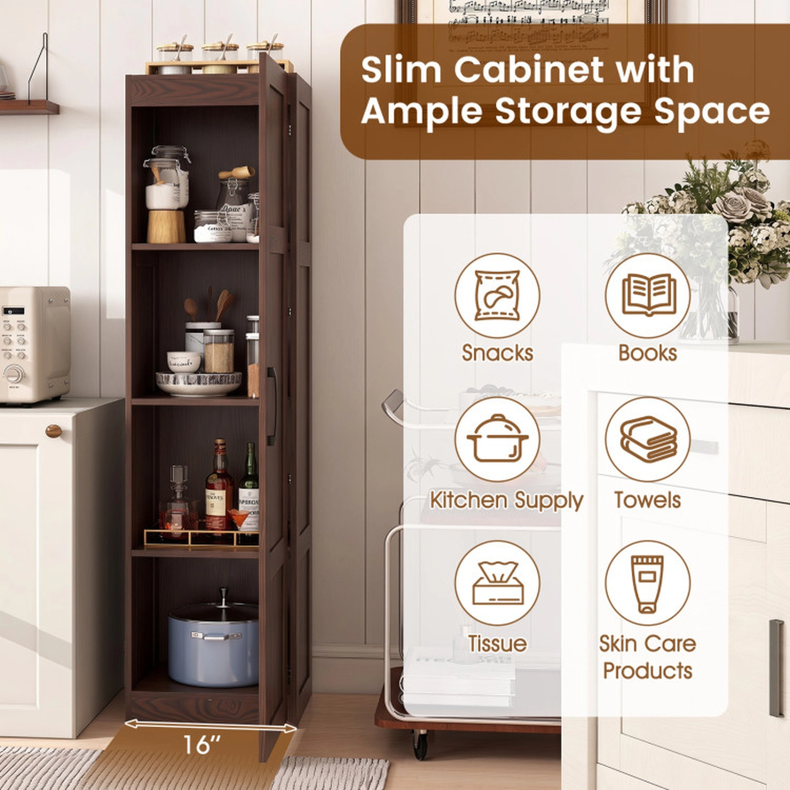 SUGIFT Single Door 4 Storage Shelves Tall Narrow Bathroom Floor Cabinet 16-in x 15-in x 59-in 110-lb Capacity Brown