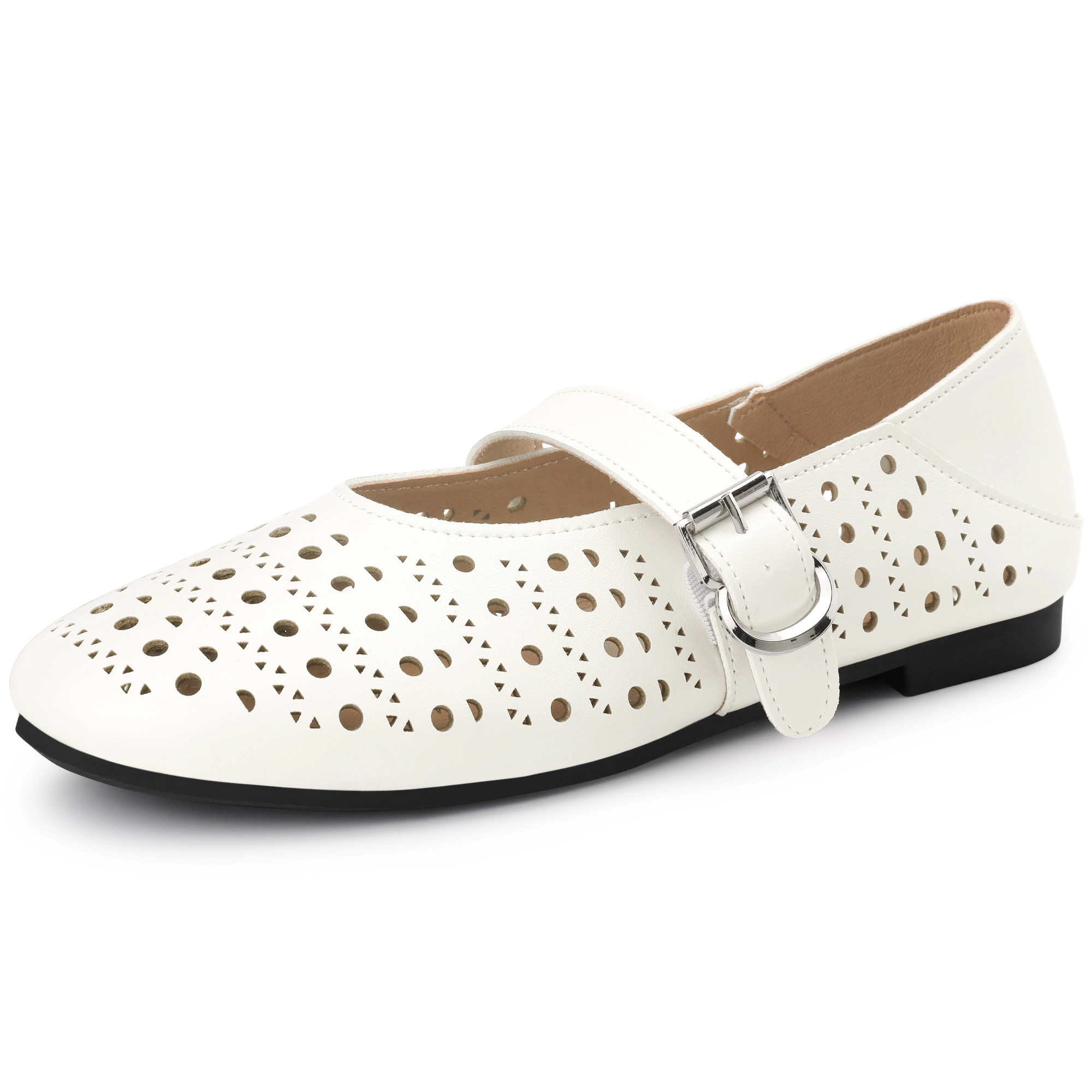 BLISSFUL STEP Women Faux Leather Buckle Round Toe Cutout Slip-on Flats Pumps