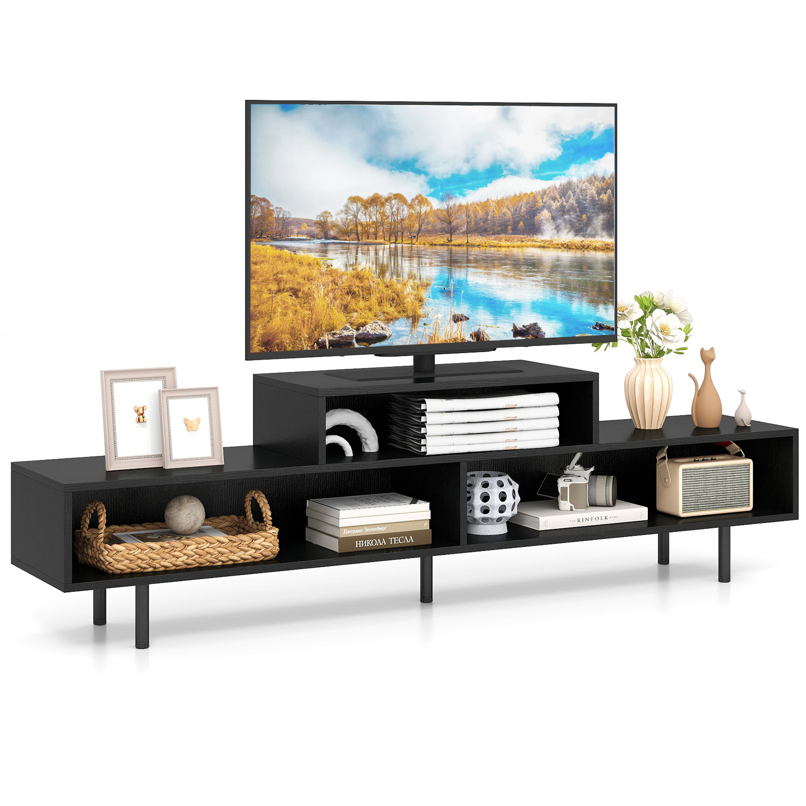 SUGIFT 63-In Black Woodgrain TV Stand for TVs up to 70 Inches