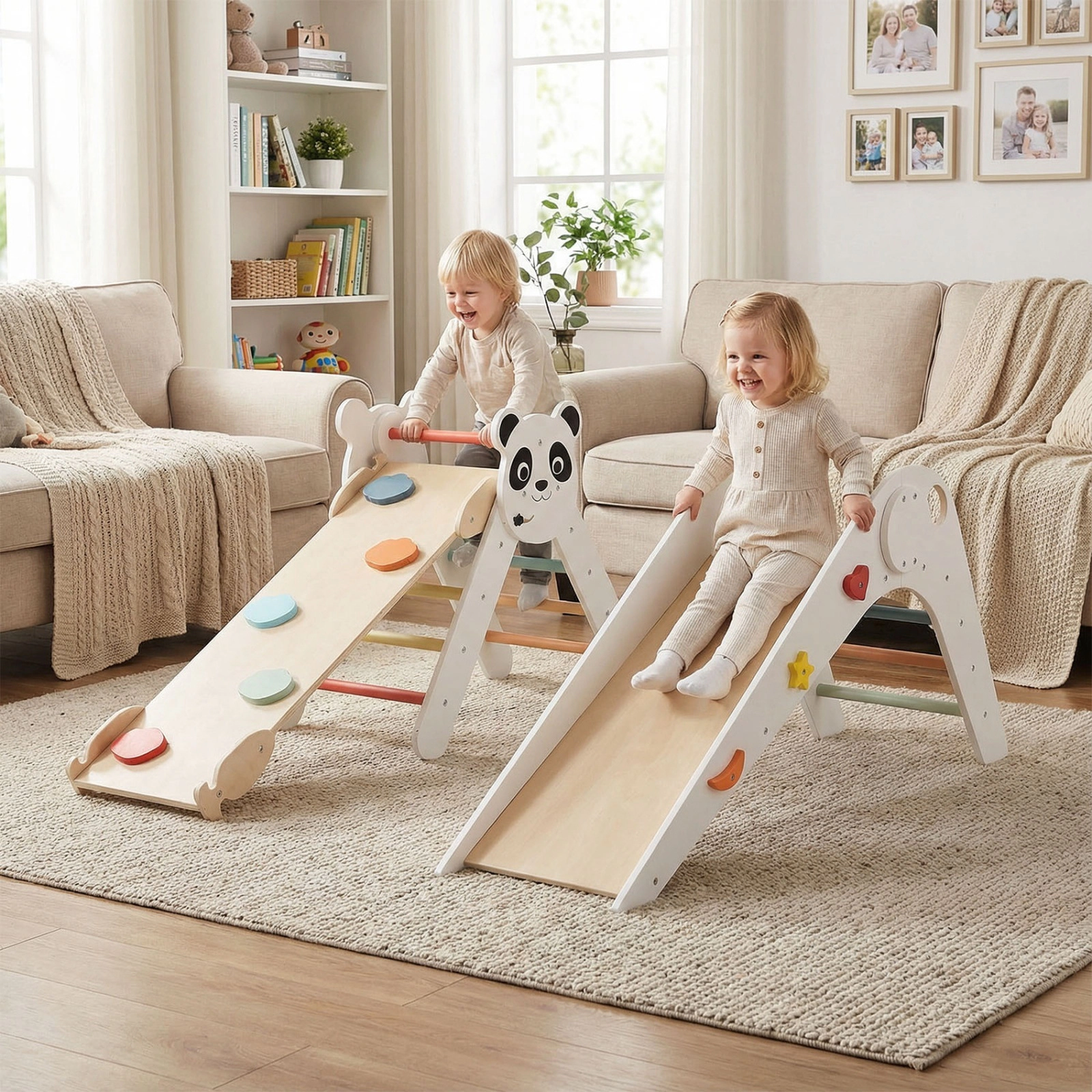 Foldable Kids Climbing Triangle Set Balance Bridge Rock Ramp Swivel Blocks 110-lb Per Piece Ages 3+ Panda Multicolor