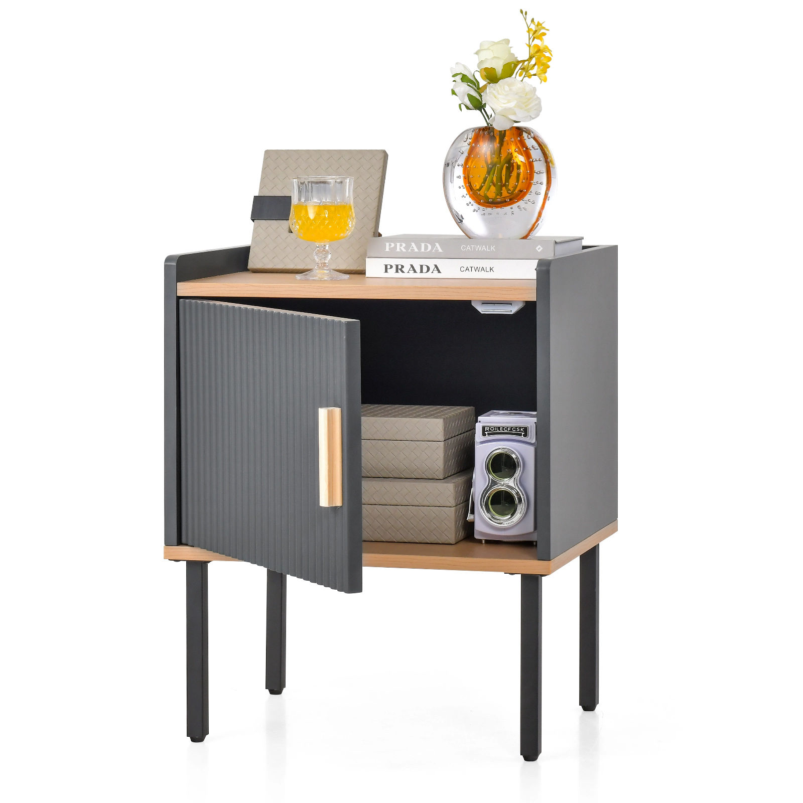 SUGIFT 22 in Gray Nightstand with Single-Door Cabinet and Raised Edge