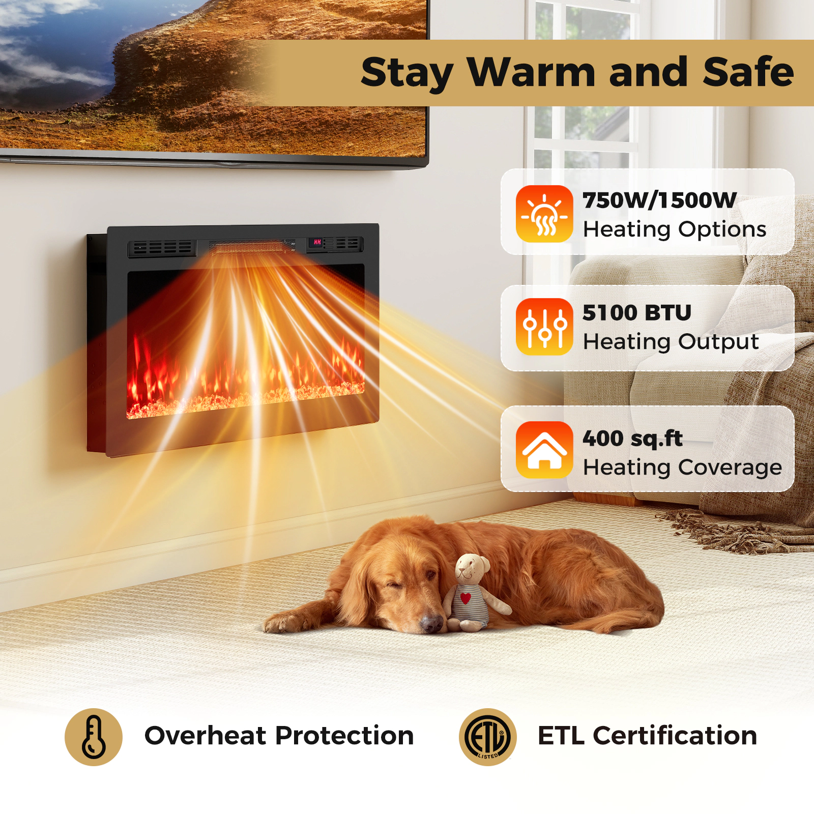 SUGIFT 36-in WiFi App Control 12 Ember Bed Hues Recessed Electric Fireplace 36-in x 3.94-in x 18.11-in 1500W Black