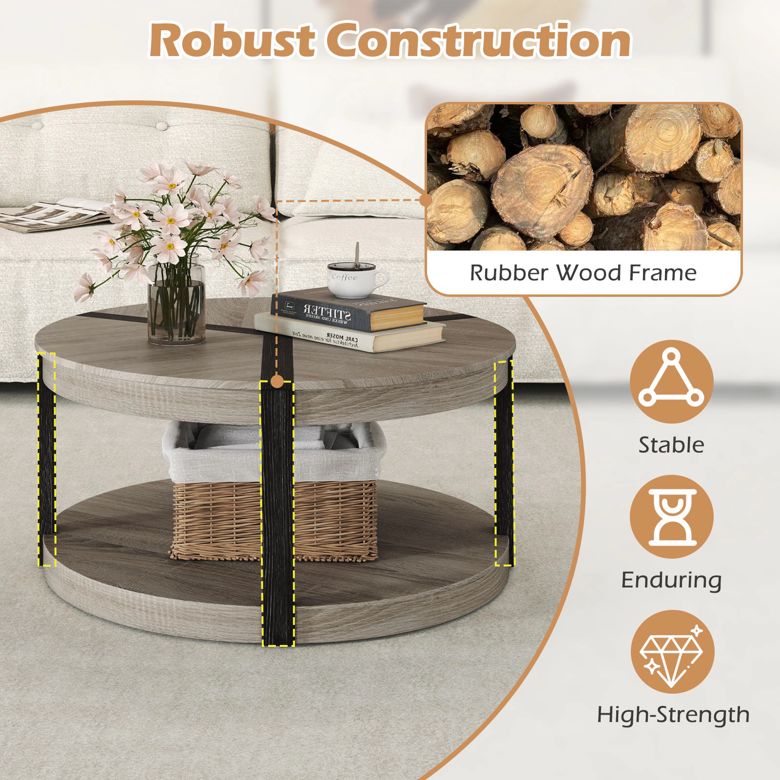 Glintex 2-Tier 34.5-Inch Round Coffee Table with Rubber Wood Frame, Gray