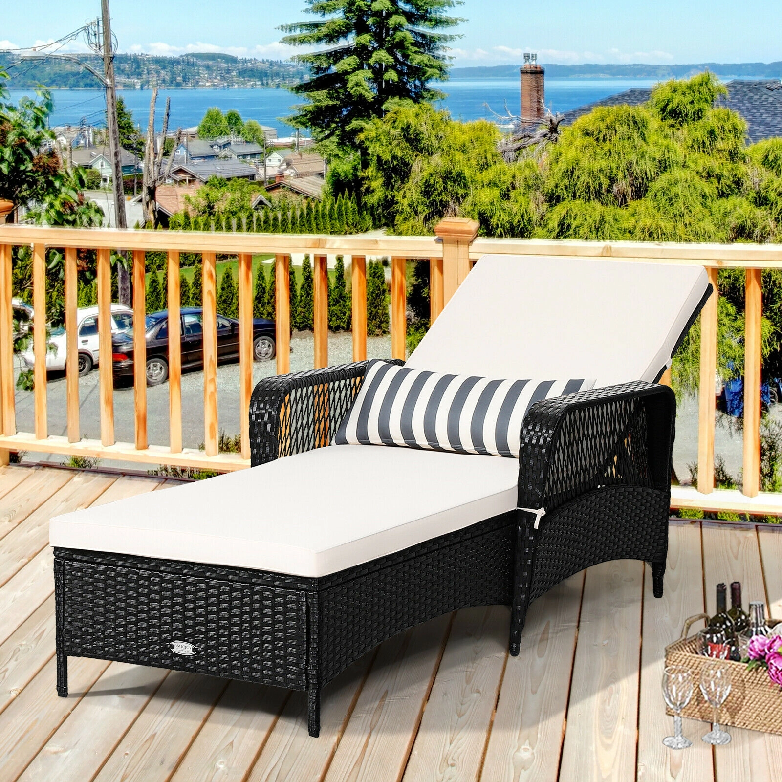 LJG PE Rattan Armrest Chaise Lounge Chair with Adjustable Pillow