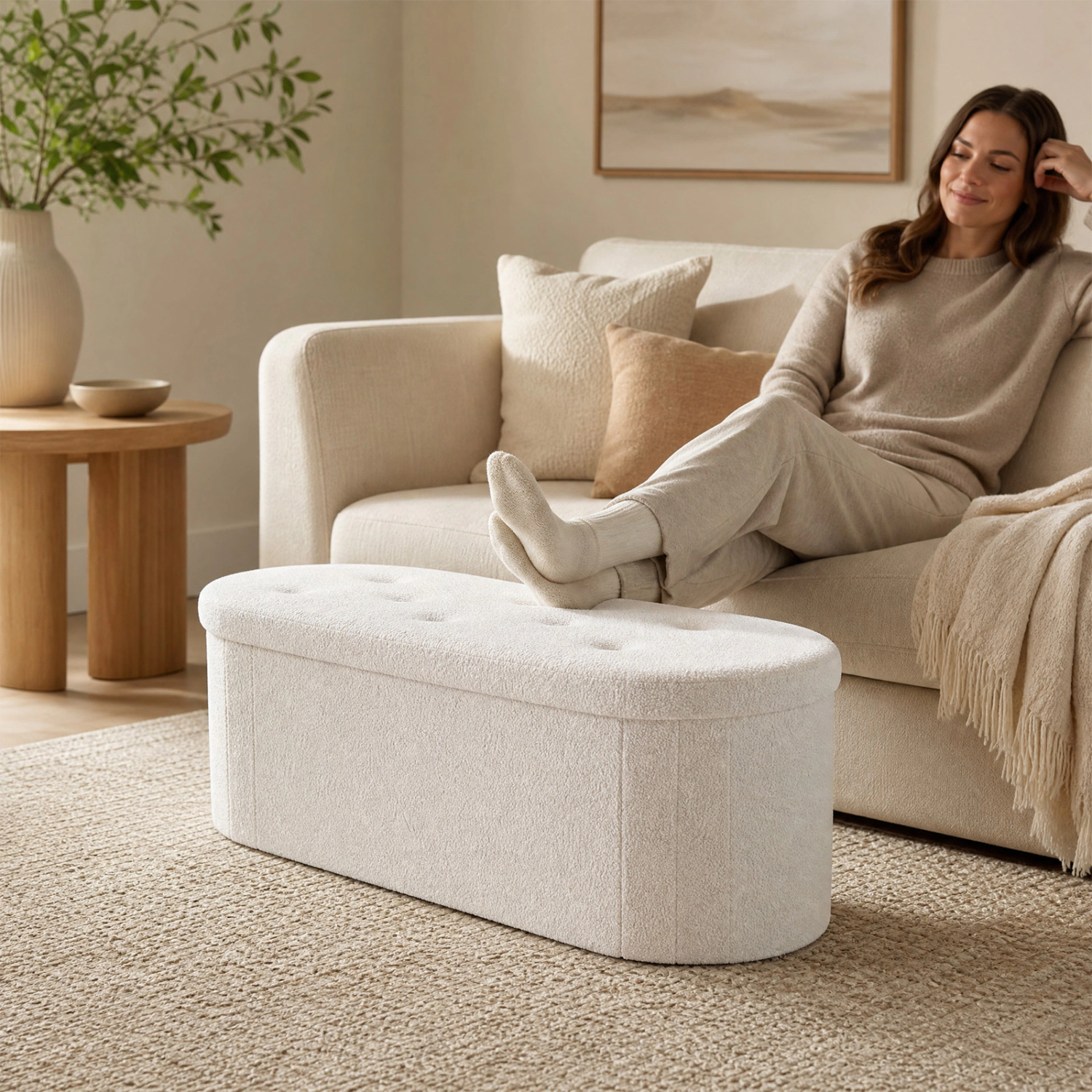 LJG 43" Folding Teddy Storage Ottoman Bench with Dividers for Living Room and Bedroom