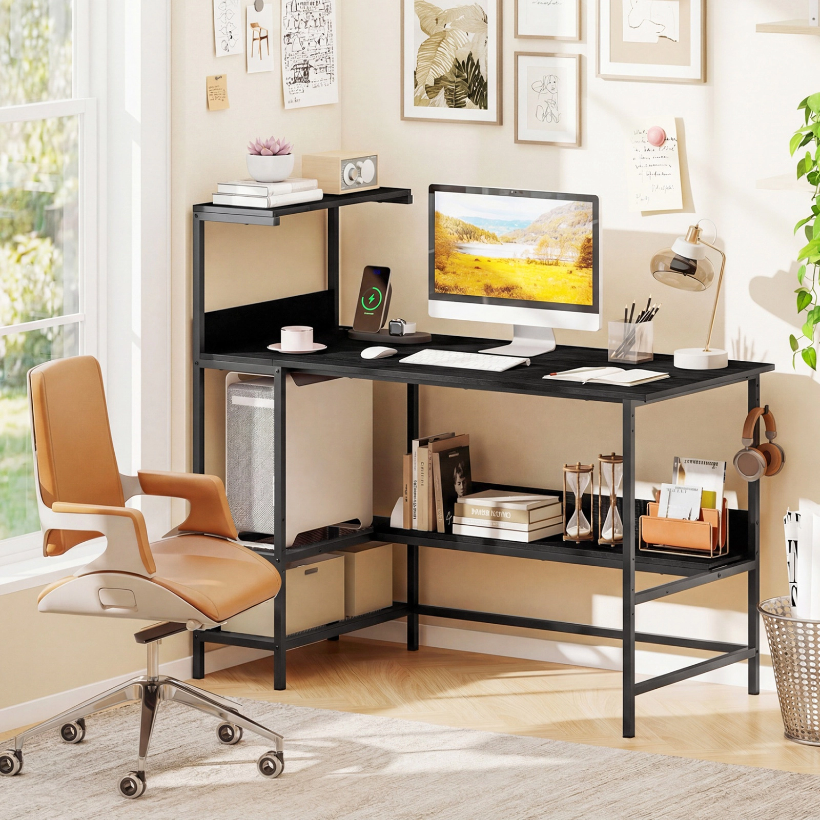 SUGIFT 48-in Computer Desk with Power Outlets, Raised Top Shelf and Storage Shelves 88-lb Tabletop Capacity Black