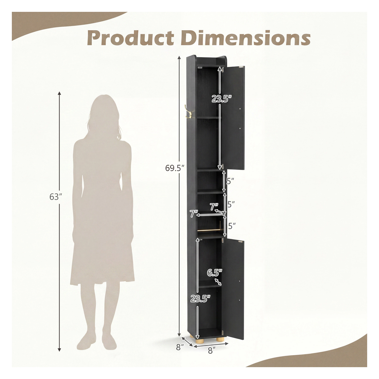 Glintex 69-Inch Narrow Bathroom Tower with Paper Holder Hook and Golden Handles