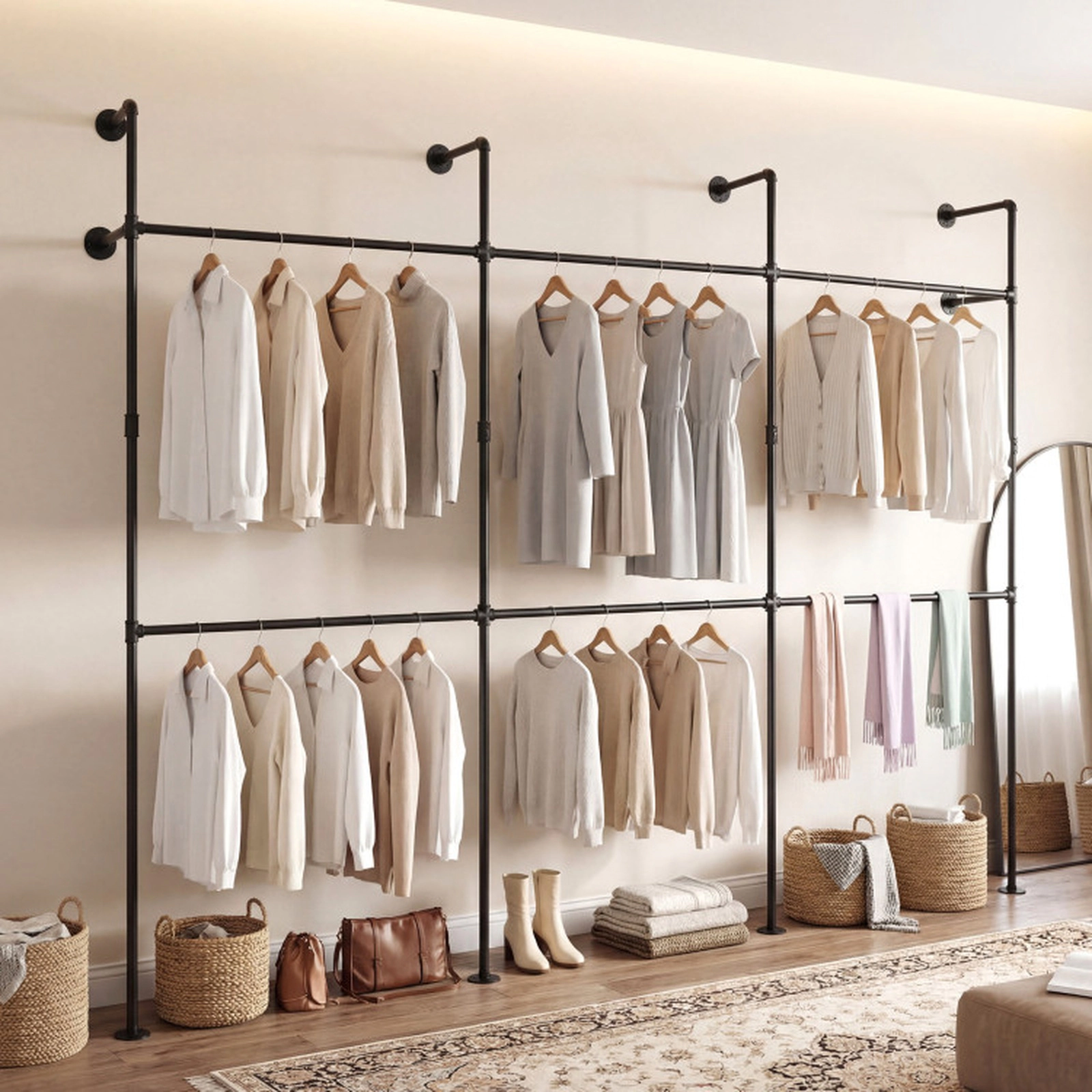 SUGIFT 6 Hanging Rods Double-Tier Wall Mounted Pipe Clothing Rack 118-in x 12.5-in x 89.5-in 45-lb per Rod Black