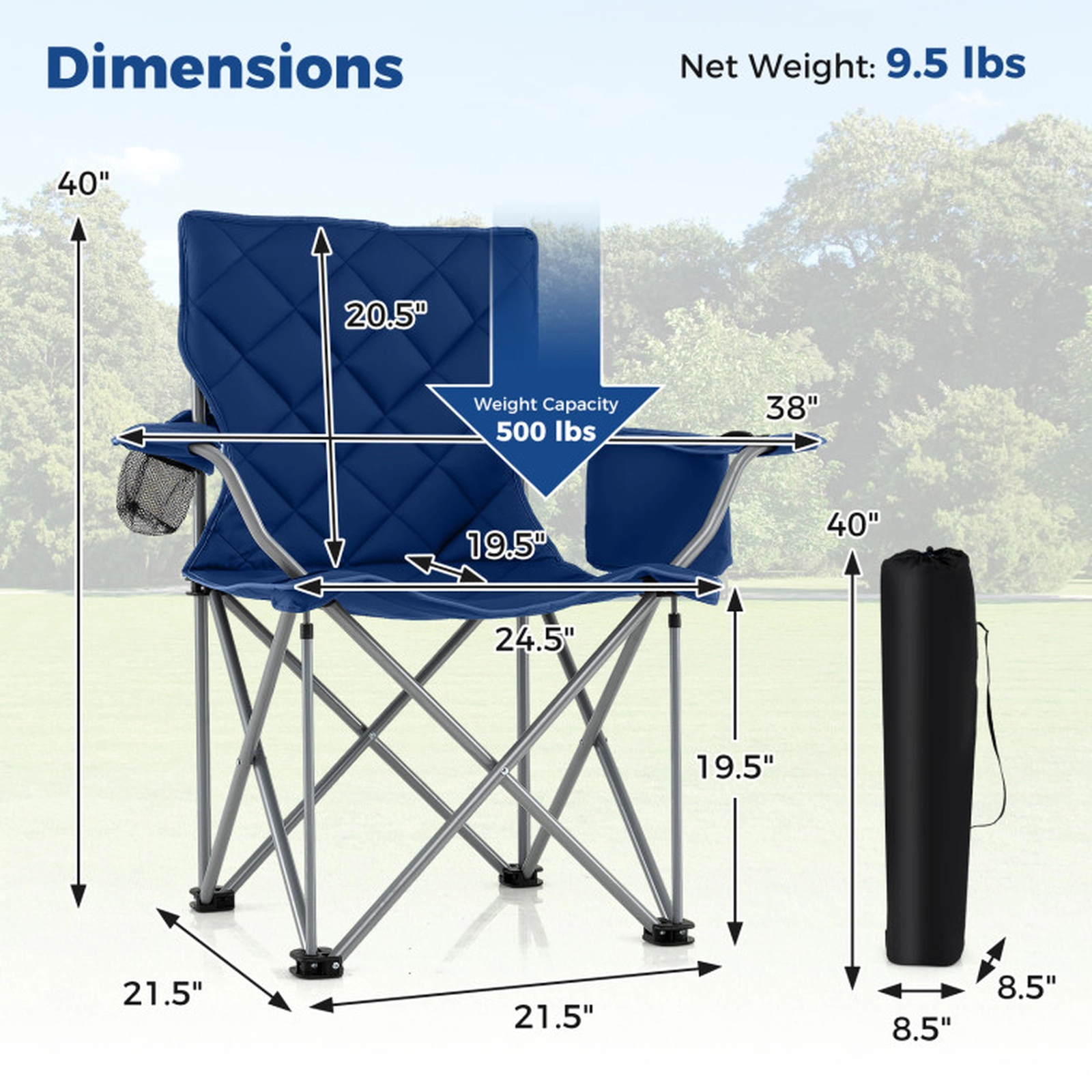 SUGIFT Oversized Folding Camping Chair with Cooler Pouch and Cup Holder 500-lb Capacity 38-in Tall Navy Gray, 1 Chair