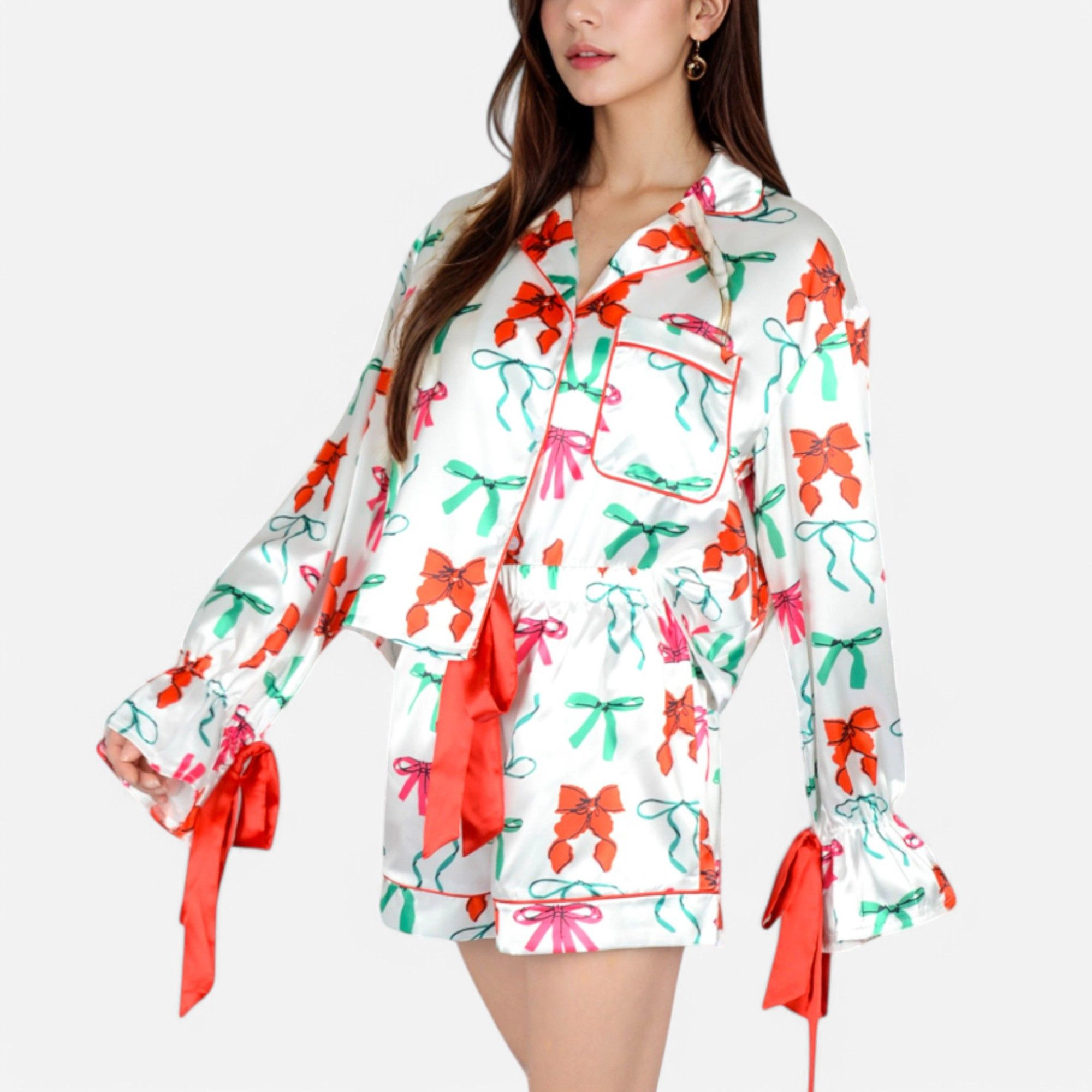 Anna-Kaci Women's Holiday Bow Print Pajama Set with Ribbon Tie Details and Button Up Top