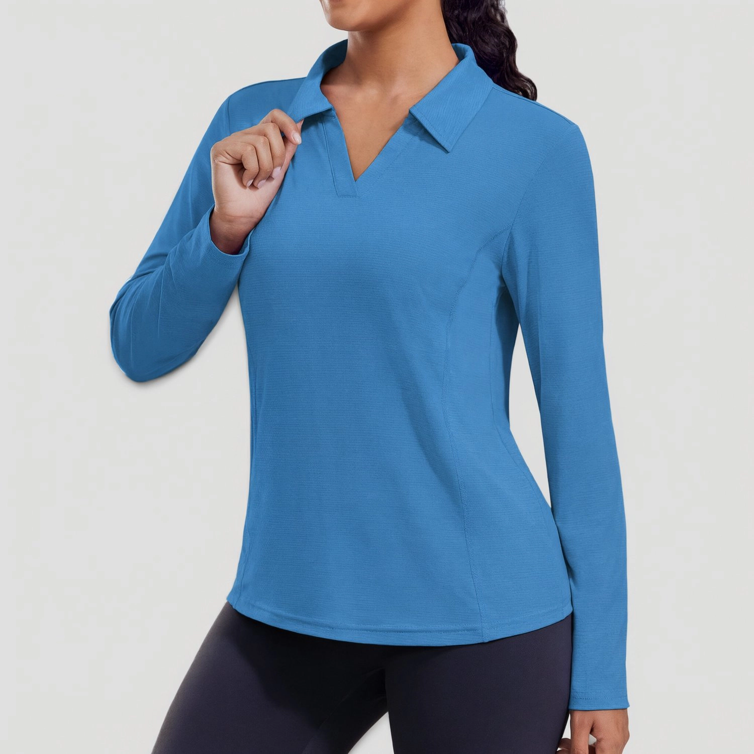 Pinspark Womens Solid Long Sleeve Polo Shirts Fall V Neck Collared Casual Tops