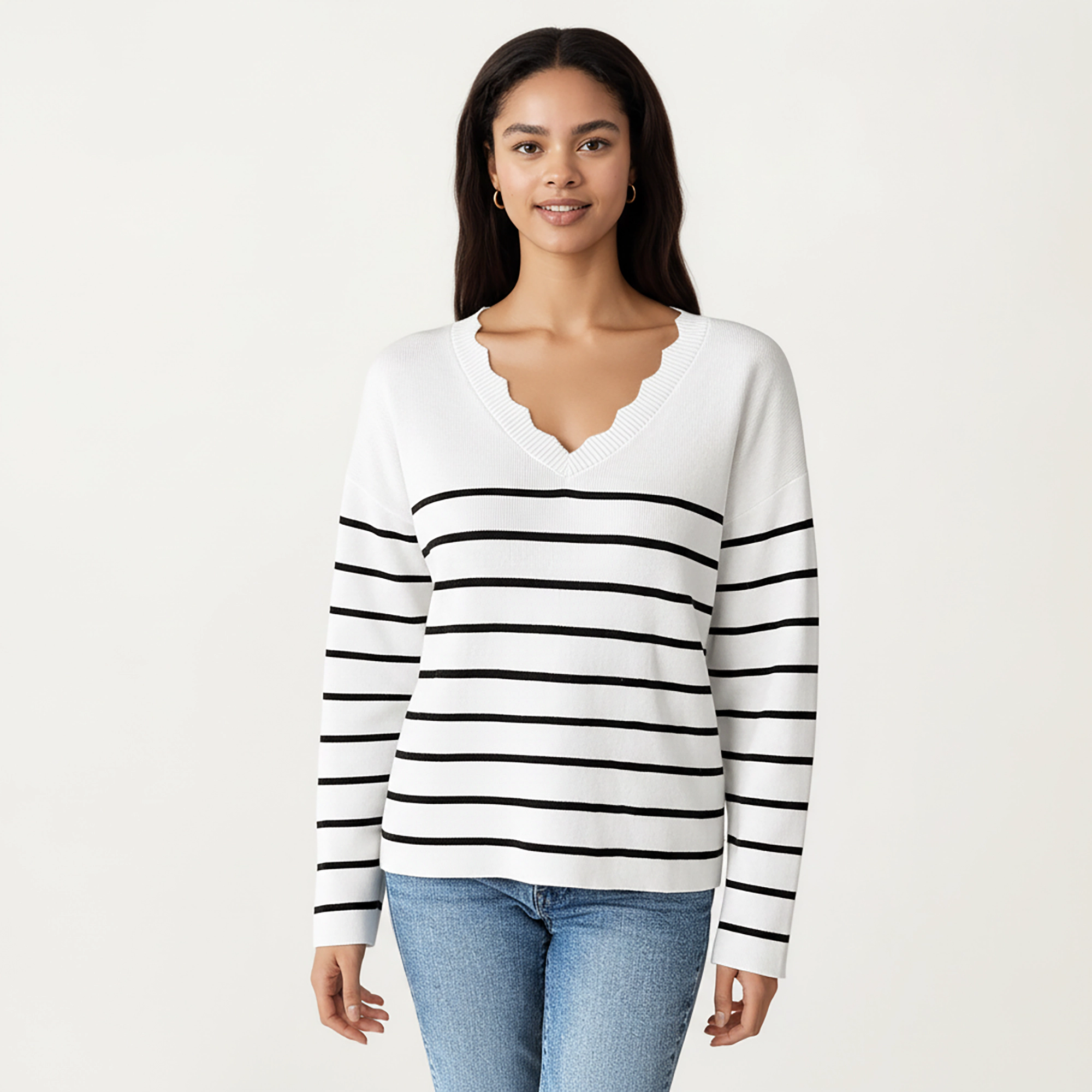 Anna-Kaci Women's Striped Knit Top with Scalloped V-Neckline and Soft Textured Fabric for Effortless Everyday Style