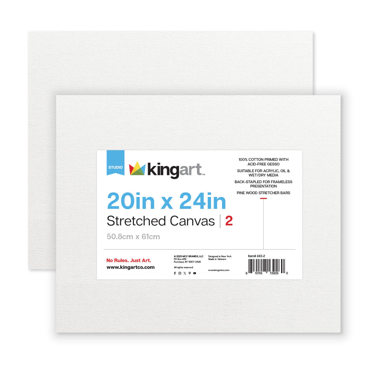 KINGART Stretched Canvas Set - 20" x 24" - 100% Cotton Primed (2 Pack)