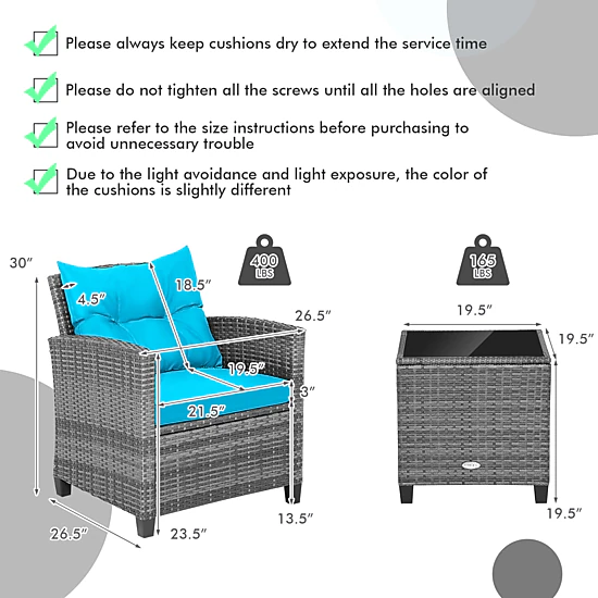 SUGIFT 3-Piece Gray Rattan Balcony Lounge Set with Cushioned Chairs and Glass Table