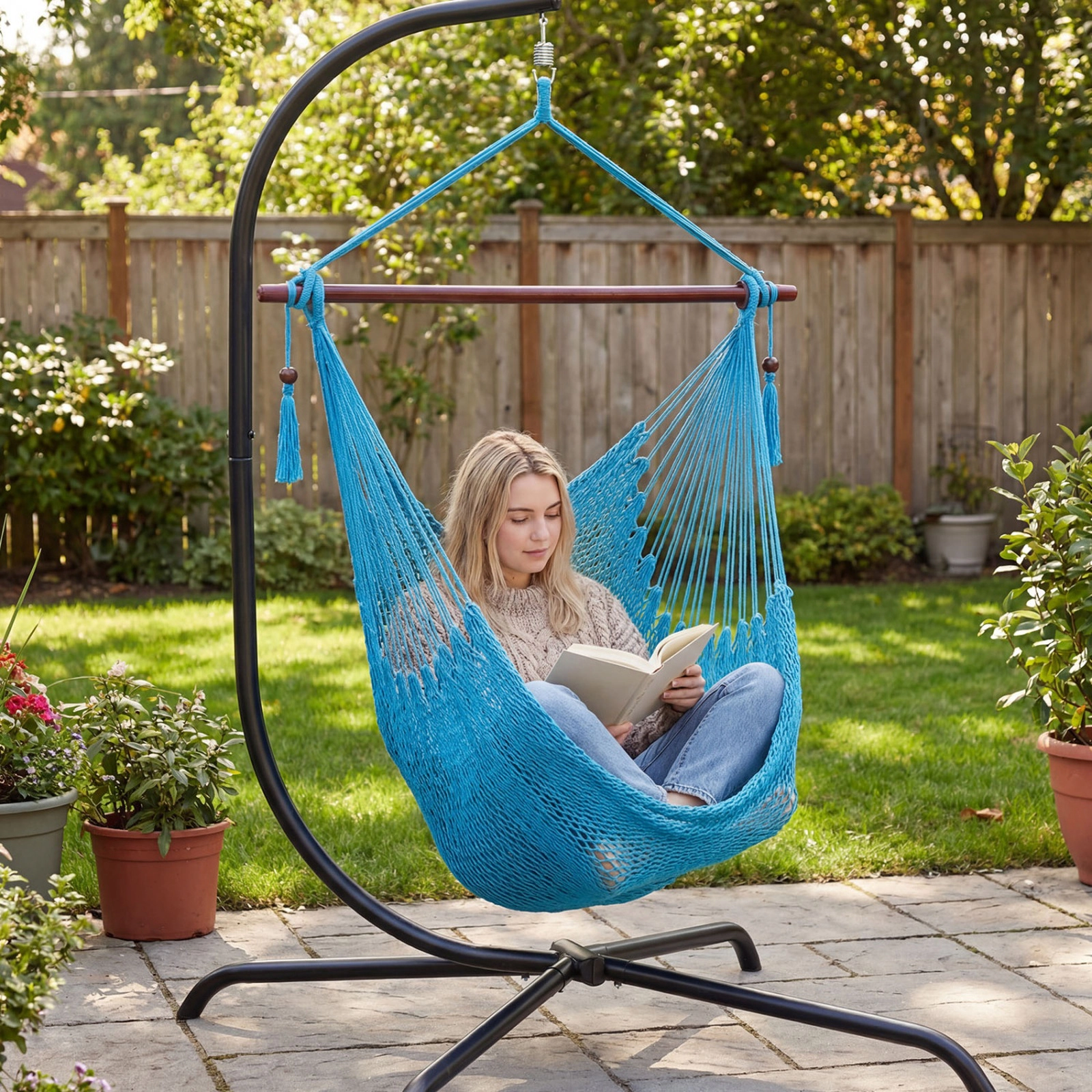 SUGIFT Blue Woven Rope Hanging Hammock Swing Chair, 330 lb Capacity