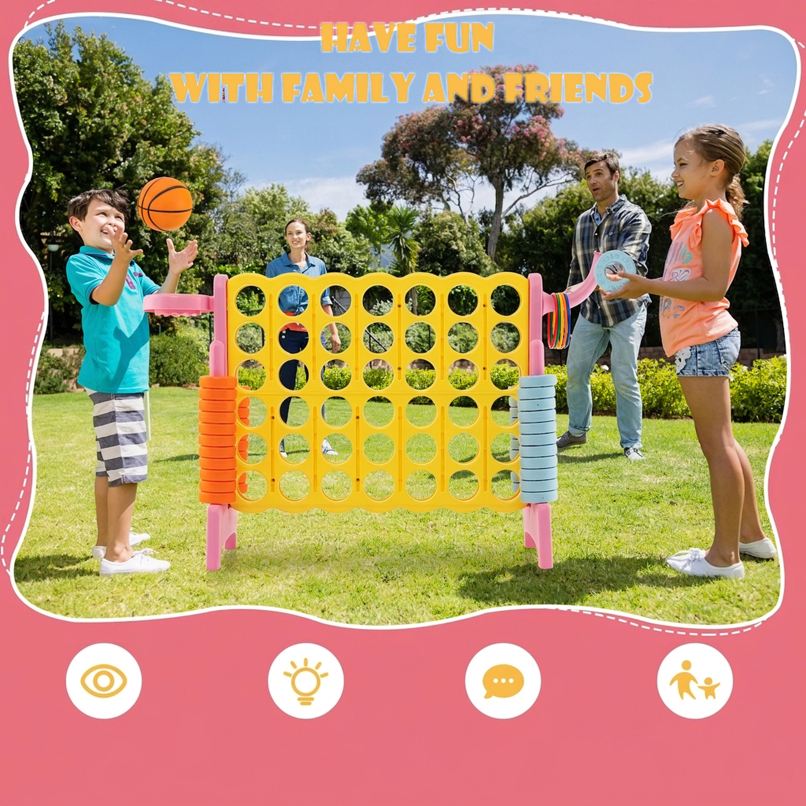SUGIFT 3-in-1 47-in 4-to-Score Game Set with 42 Connect Rings 3.5-in Basketball and 5 Toss Rings