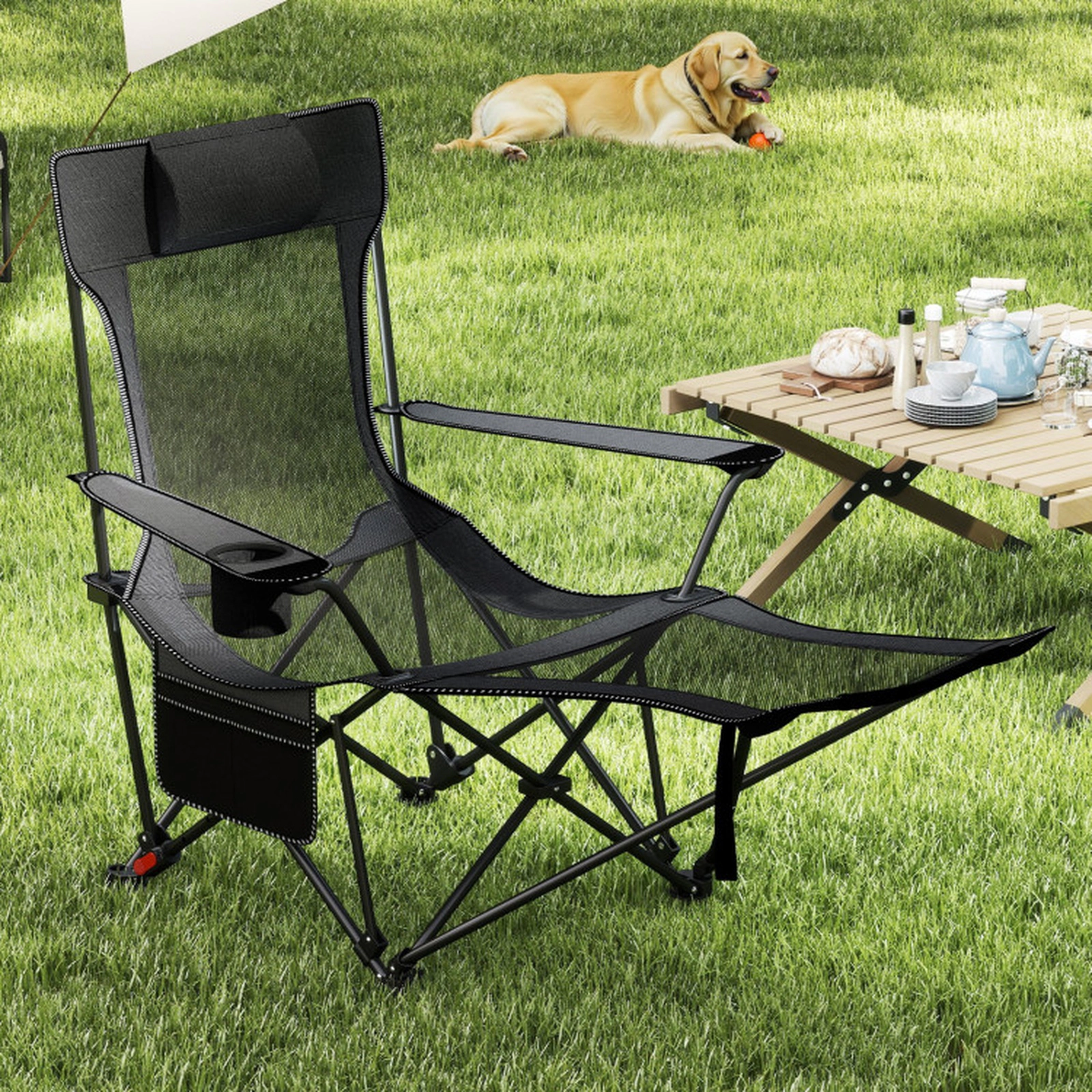 SUGIFT 4-Position Reclining Camping Chair with Removable Footrest 330-lb Capacity Gray/Green