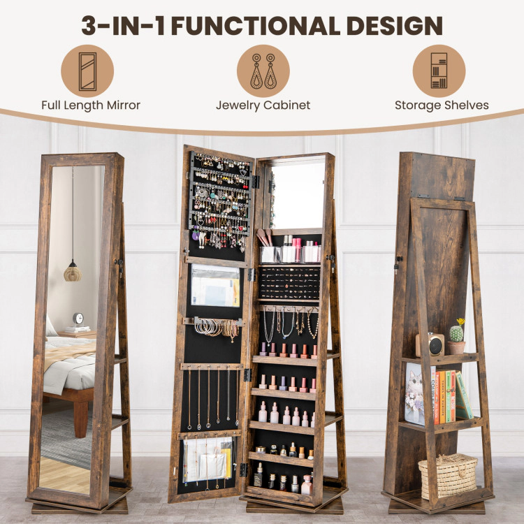 Hivvago 360° Swivel Jewelry Armoire Standing Organizer with Full Length Mirror and Back Shelves