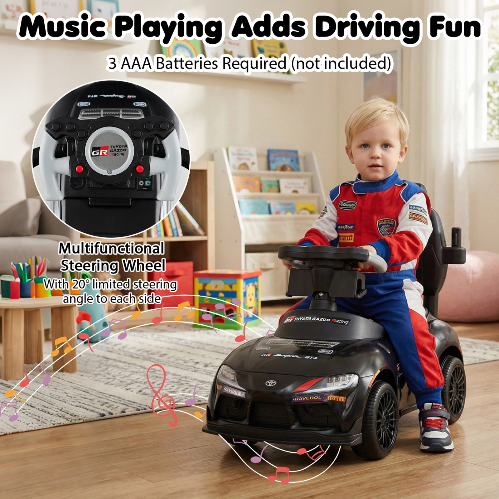 SUGIFT 3-in-1 Foot-to-Floor Push Ride-On Car with Parent Handle 44-lb Capacity Ages 1.5-5 Years Black Red Blue White